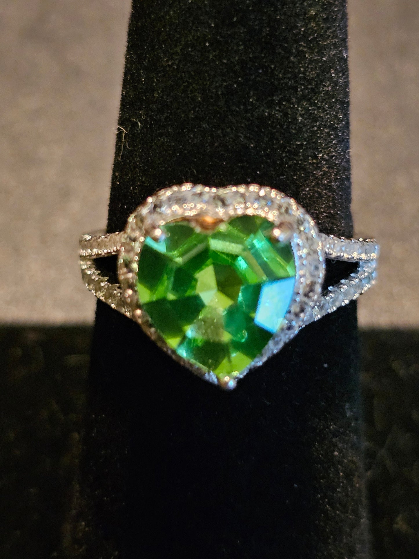 Uranium Glass Heart cut Ring size 6 through 8 new Sterling Silver with a vintage 10mm Uranium glass stone that glows under black / UV light