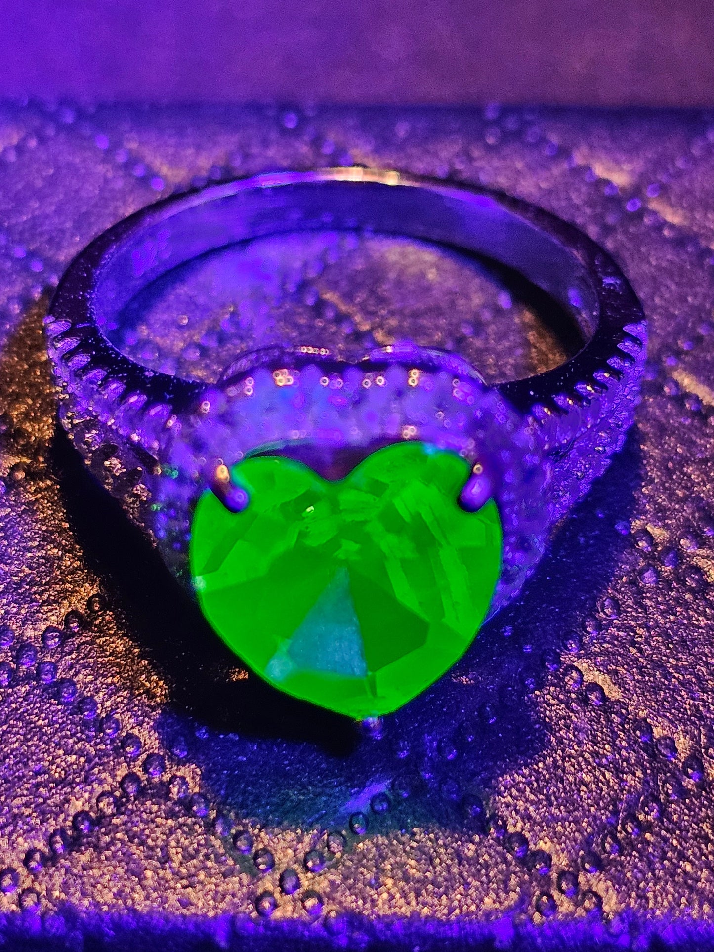 Uranium Glass Heart cut Ring size 6 through 8 new Sterling Silver with a vintage 10mm Uranium glass stone that glows under black / UV light