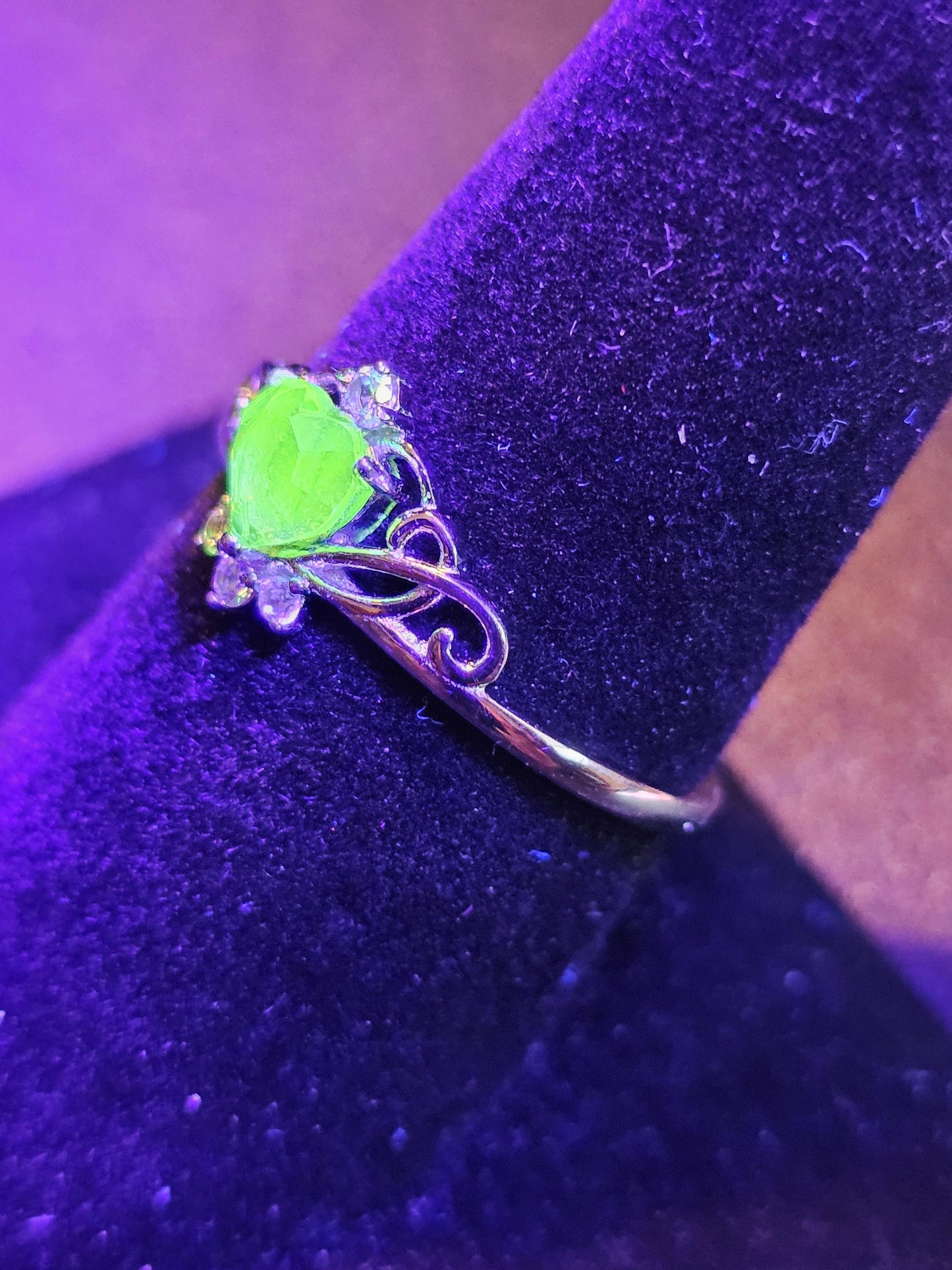 Uranium Glass Heart cut Ring size 6 to 10 new Sterling Silver with a vintage 5 mm Uranium glass stone that glows under black UV light