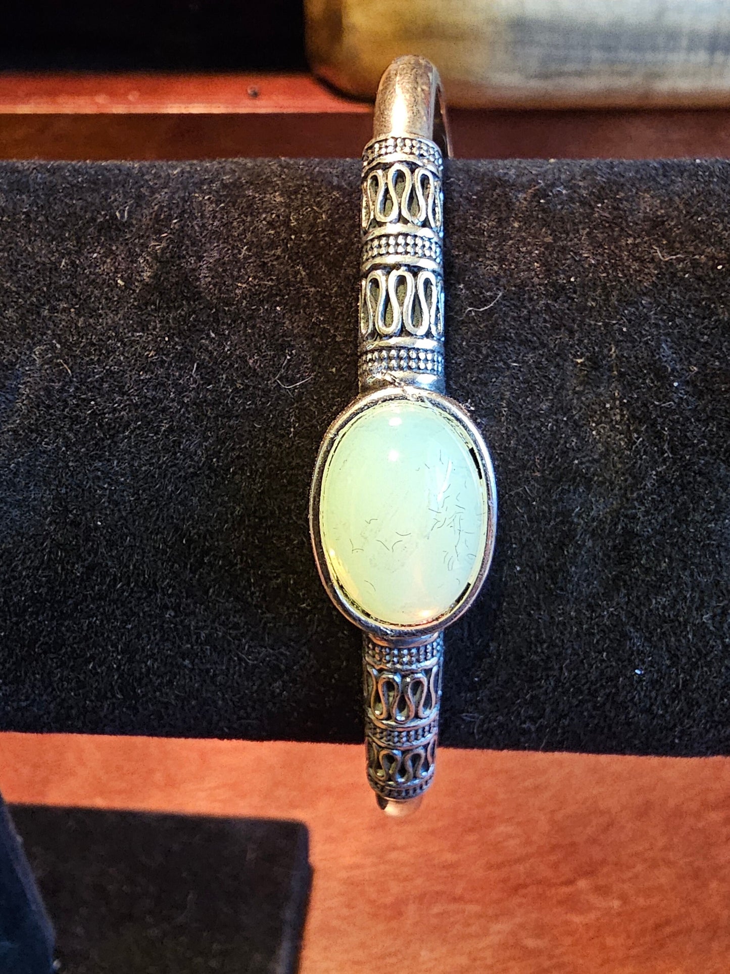 Uranium Glass Bracelet in new solid Sterling Silver and with a vintage Uranium glass 14x10 Oval cut stone that glows under black / UV light