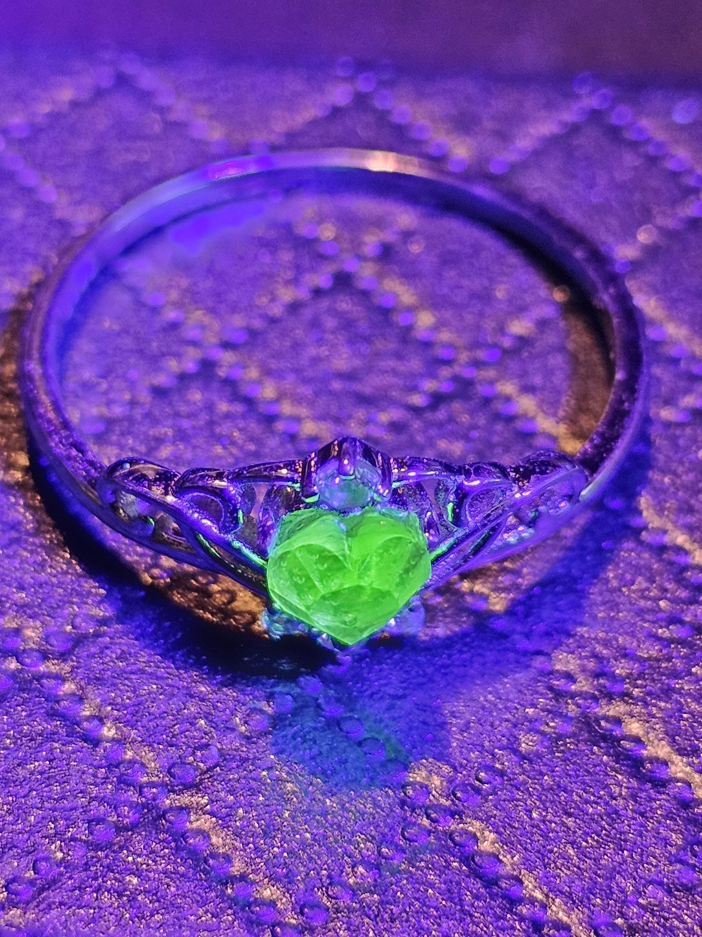 Uranium Glass Heart cut Ring size 6 to 10 new Sterling Silver with a vintage 5 mm Uranium glass stone that glows under black UV light