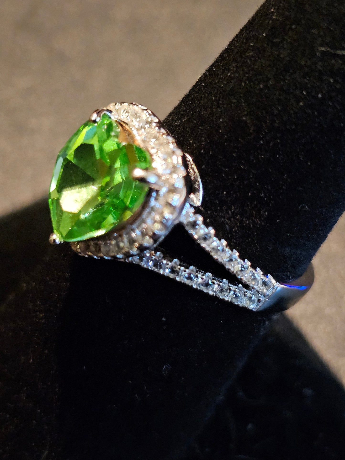 Uranium Glass Heart cut Ring size 6 through 8 new Sterling Silver with a vintage 10mm Uranium glass stone that glows under black / UV light