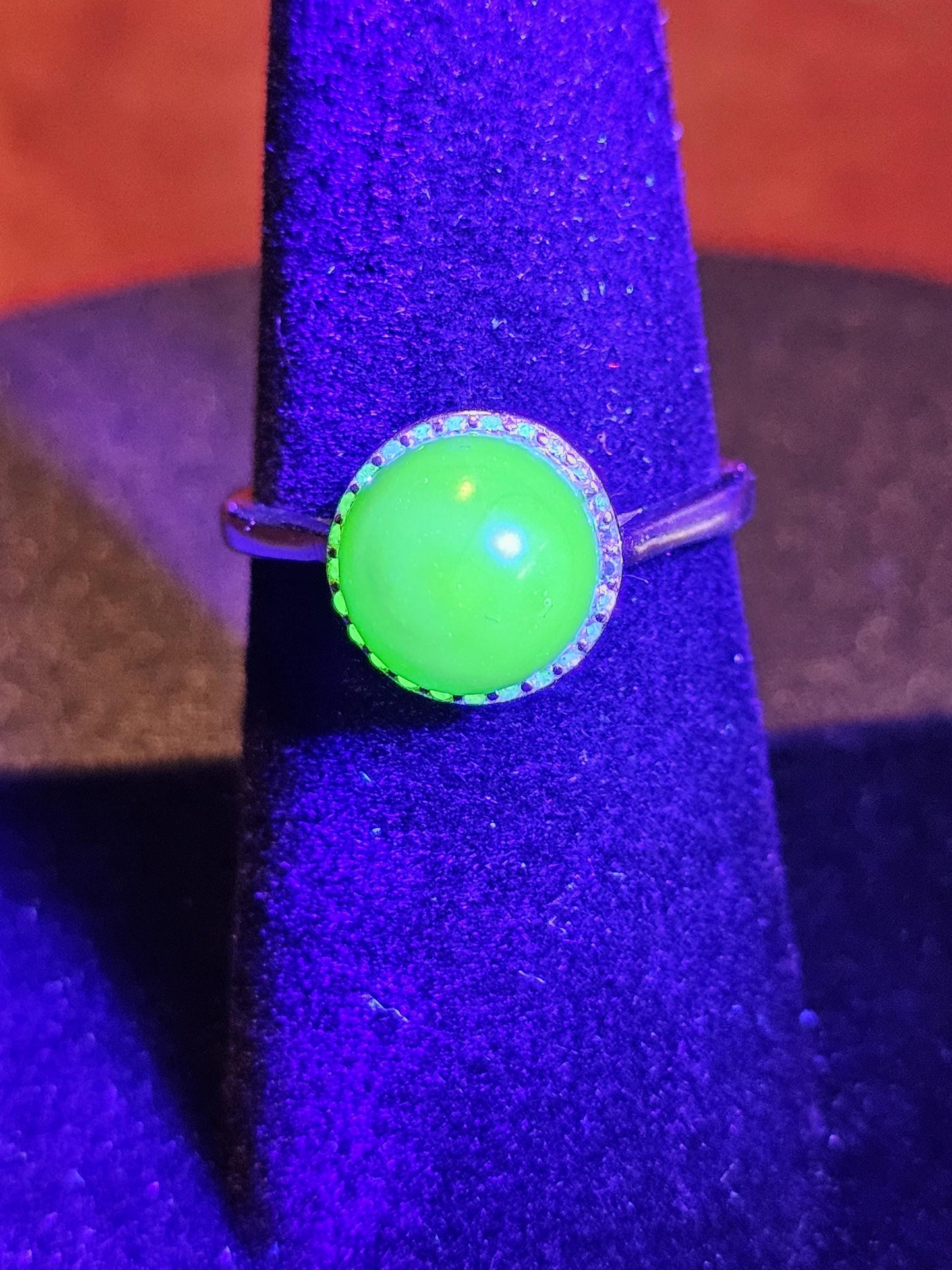 Uranium Glass Adjustable Ring new Sterling Silver with a vintage rare dark Green Round top Uranium glass stone that glows under black light