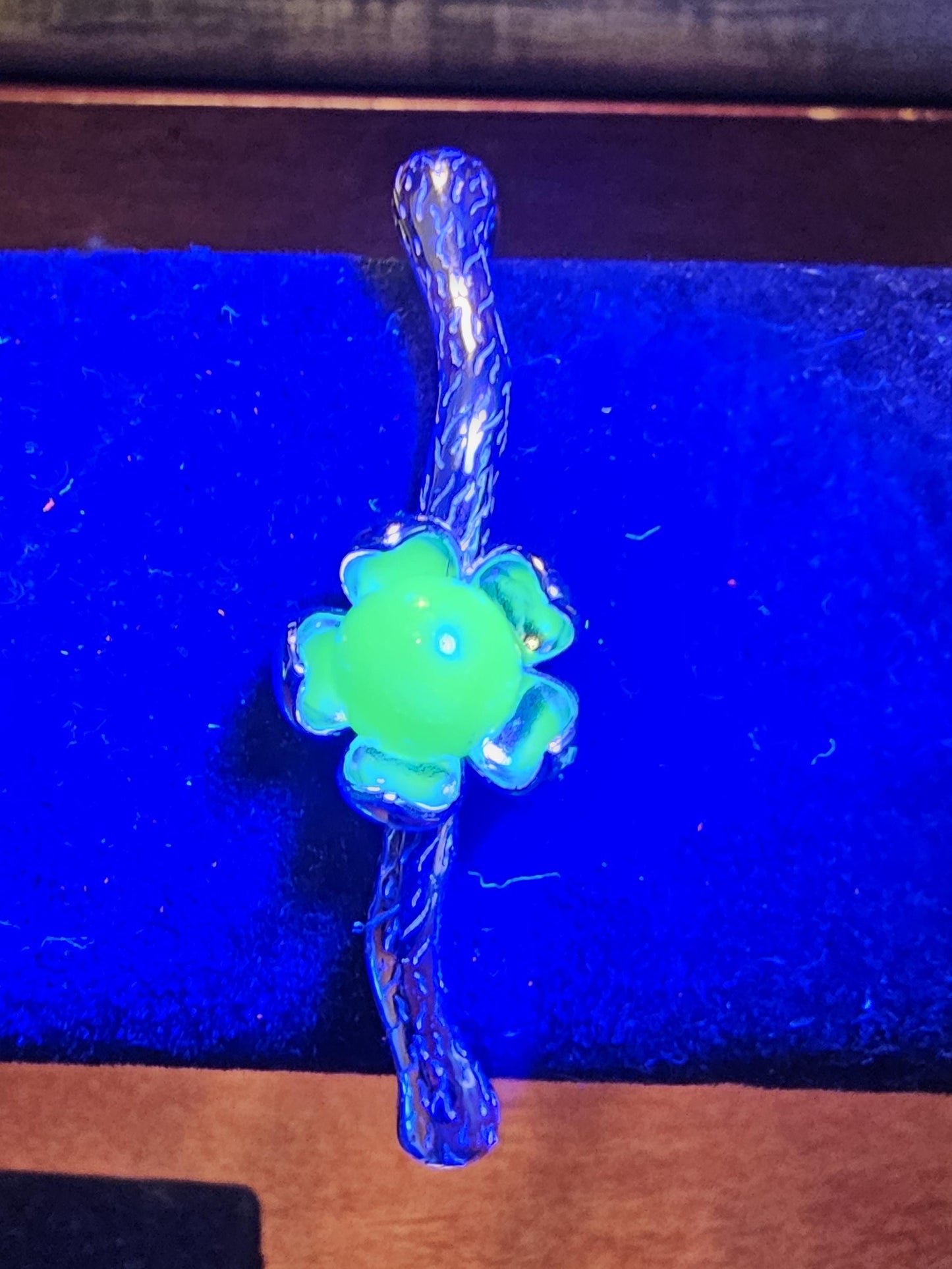 Uranium Glass Bracelet new Sterling Silver with a vintage dark Green Uranium glass Round cut stone that glows under black / UV light