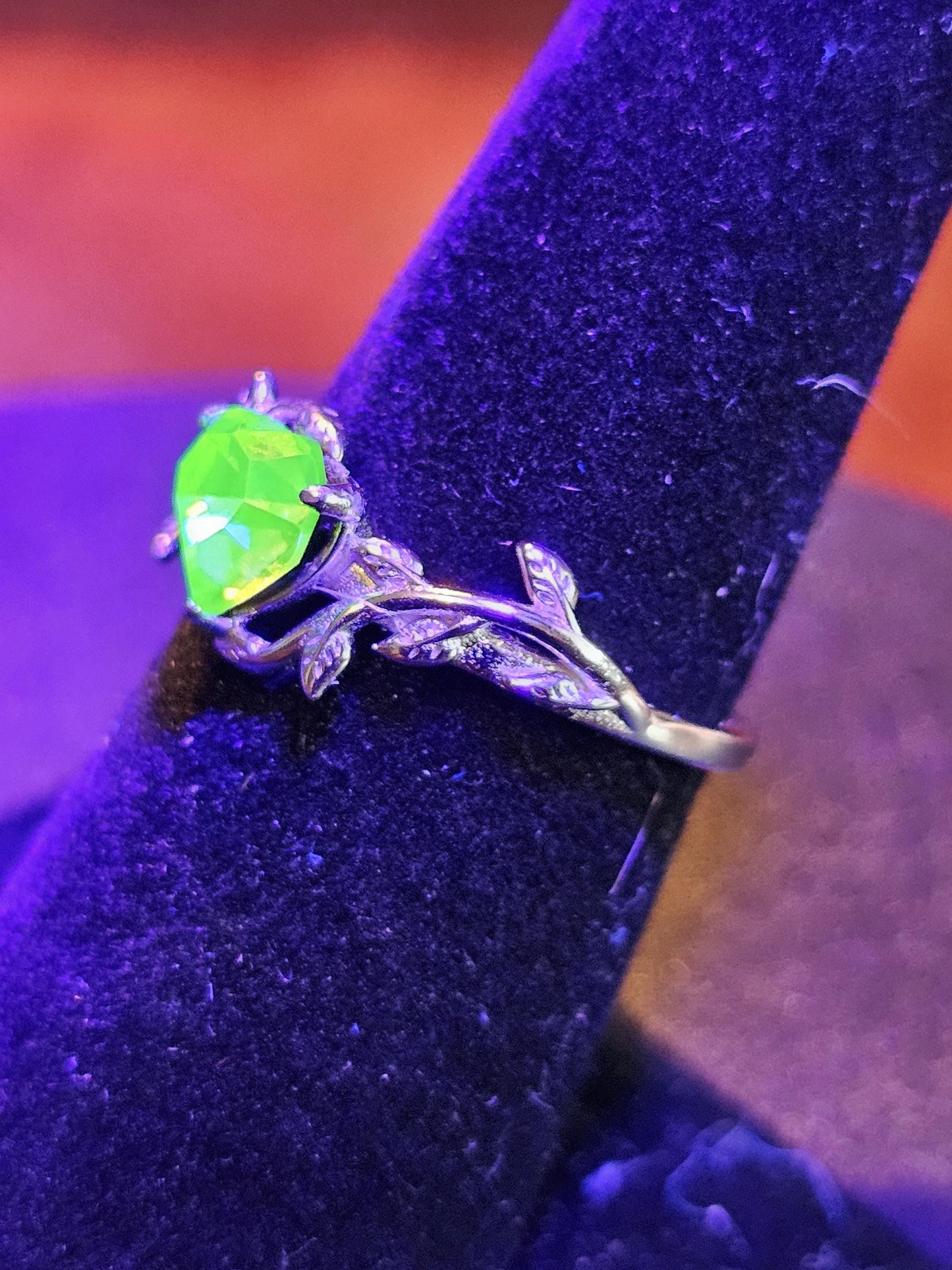 Uranium Glass Heart cut Ring size 6 to 10 in new Sterling Silver with a vintage rare Uranium glass stone that glows under black / UV light