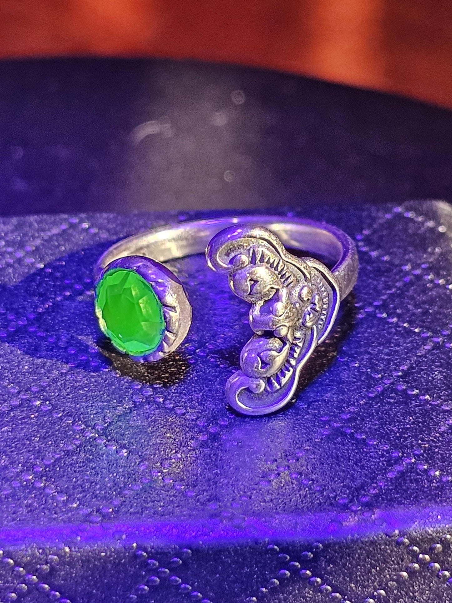 Uranium Glass Adjustable Ring new Sterling Silver with a vintage Green or pink Round cut Uranium glass stone glows under black / UV light