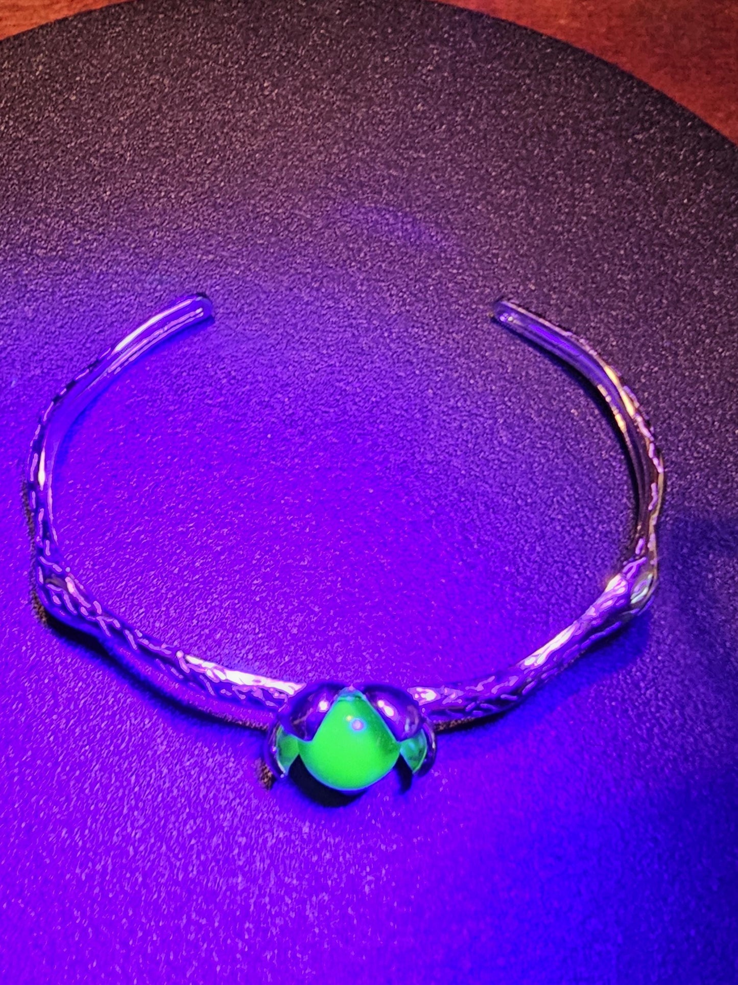 Uranium Glass Bracelet new Sterling Silver with a vintage dark Green Uranium glass Round cut stone that glows under black / UV light