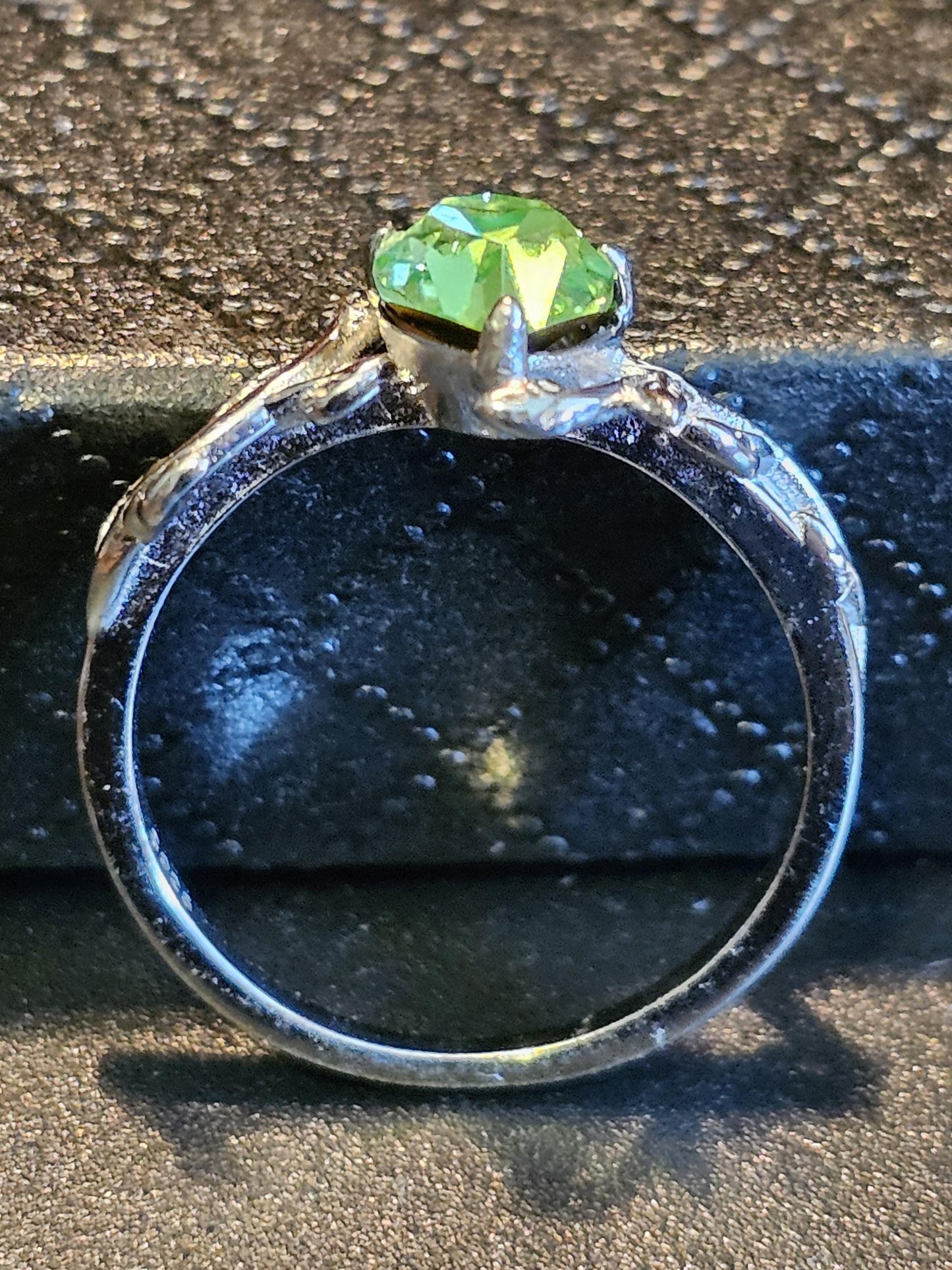Uranium Glass Heart cut Ring size 6 to 10 in new Sterling Silver with a vintage rare Uranium glass stone that glows under black / UV light
