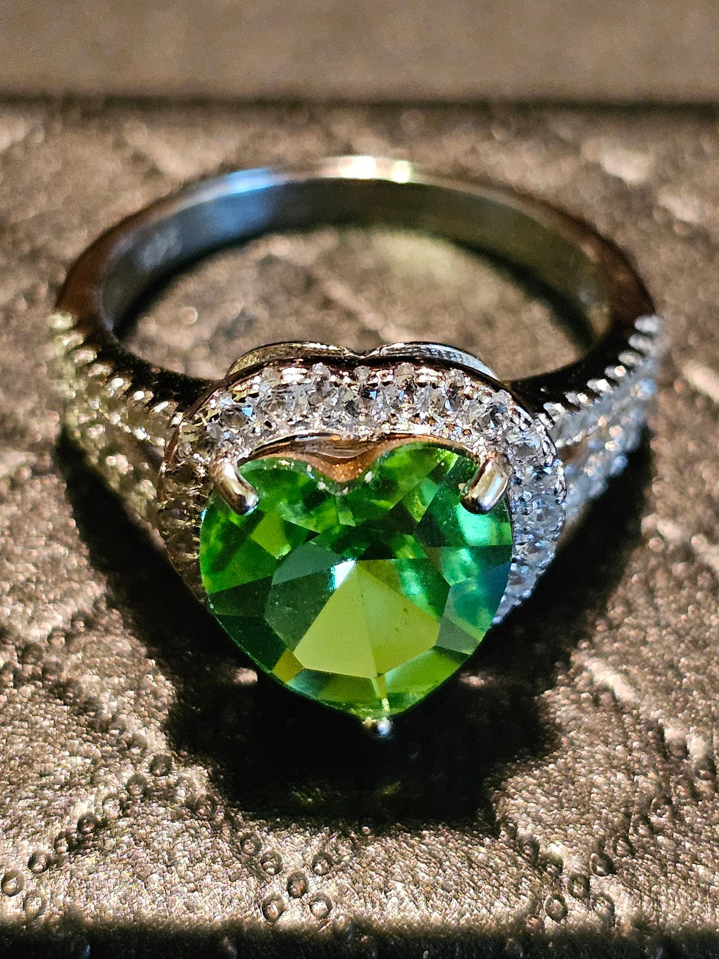 Uranium Glass Heart cut Ring size 6 through 8 new Sterling Silver with a vintage 10mm Uranium glass stone that glows under black / UV light