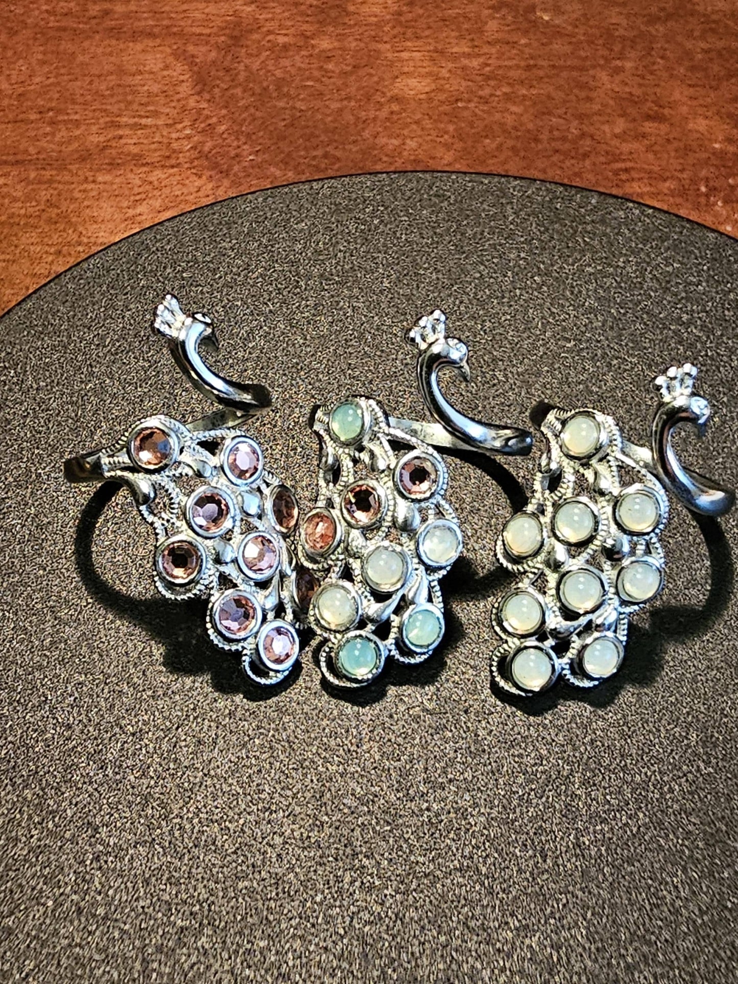 Uranium Glass Peacock Ring adjustable new Sterling Silver vintage Uranium glass round cut stones that glow under black / UV light