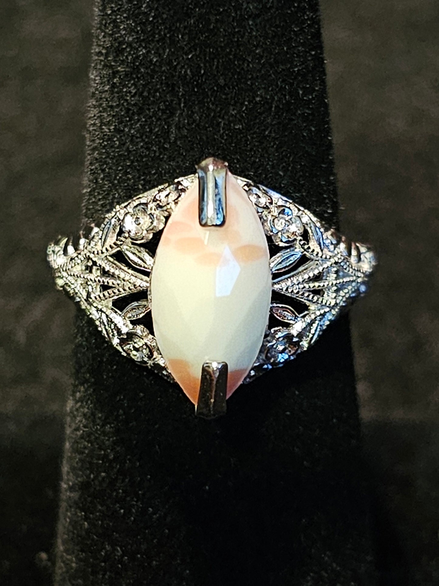 Bloody Uranium Glass Marquise cut Ring Size 7 Art Deco Sterling Silver with a vintage Uranium glass stone that glows under black / UV light