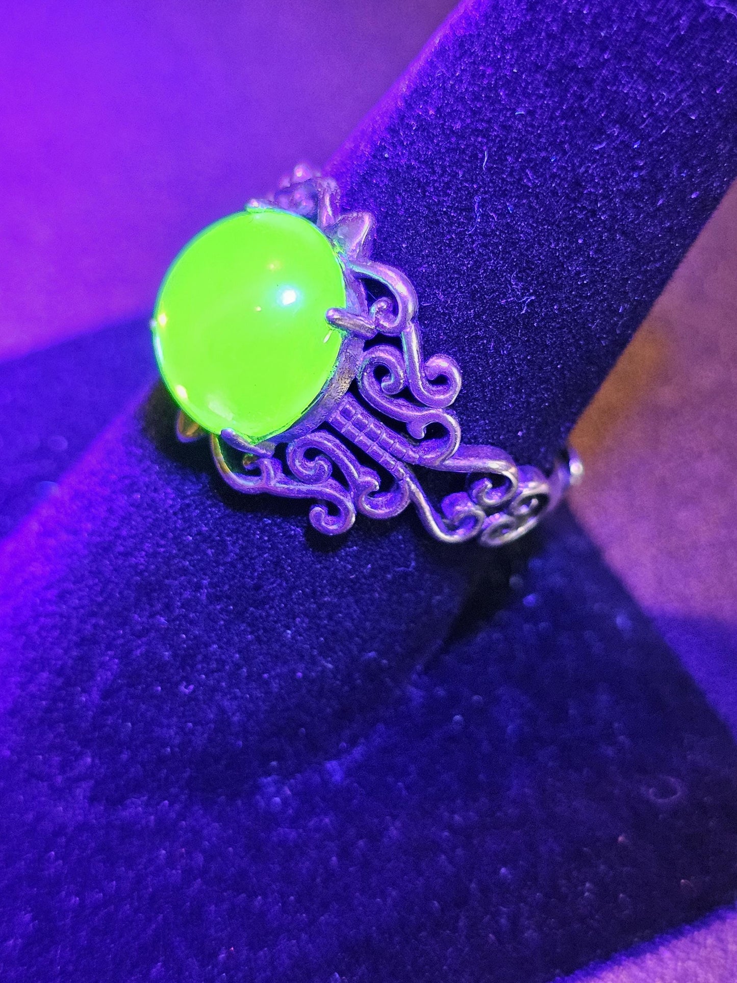 Uranium Glass Adjustable Ring new Sterling Silver with vintage Cabochon cut Round top Uranium glass stone that glows under black / UV light