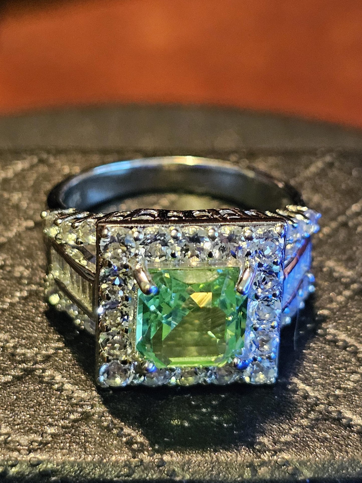 Uranium Glass Asscher cut Ring size 8.5 new Sterling Silver large vintage Uranium glass Square stone that glows under black / UV light