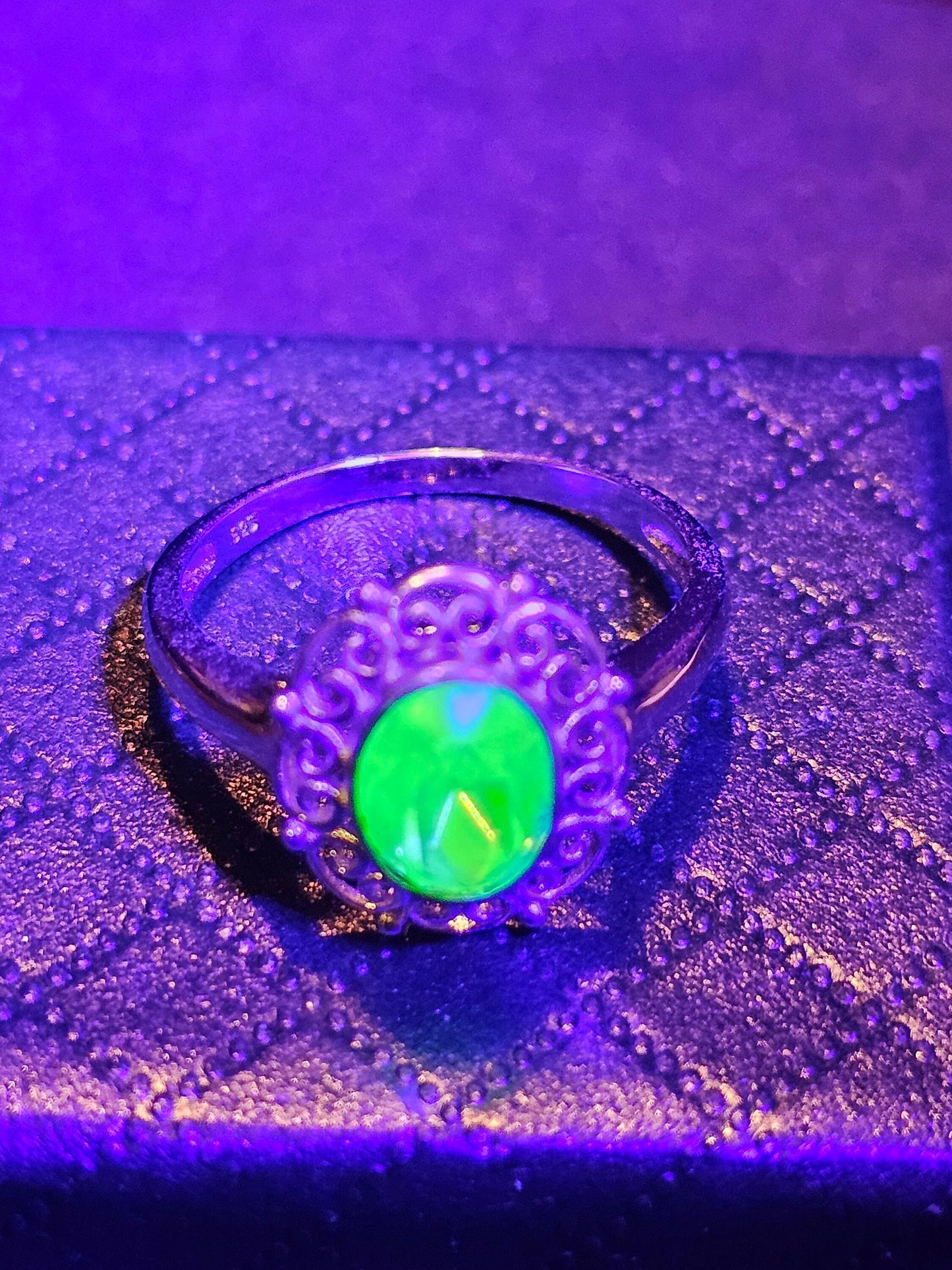 Uranium Glass Oval cut Ring Filigree style size 7, new Sterling Silver with a vintage Uranium glass stone that glows under black / UV light