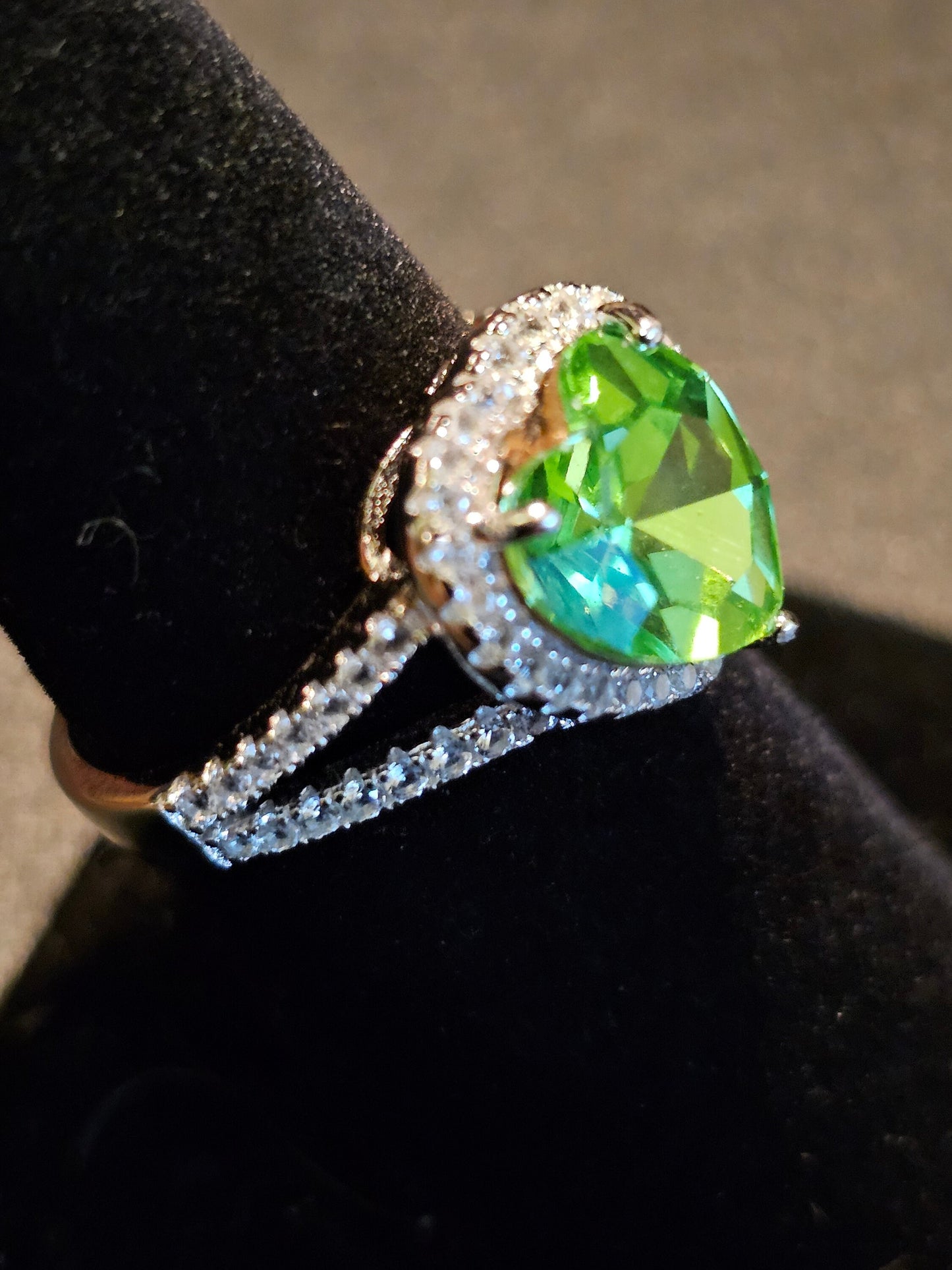 Uranium Glass Heart cut Ring size 6 through 8 new Sterling Silver with a vintage 10mm Uranium glass stone that glows under black / UV light