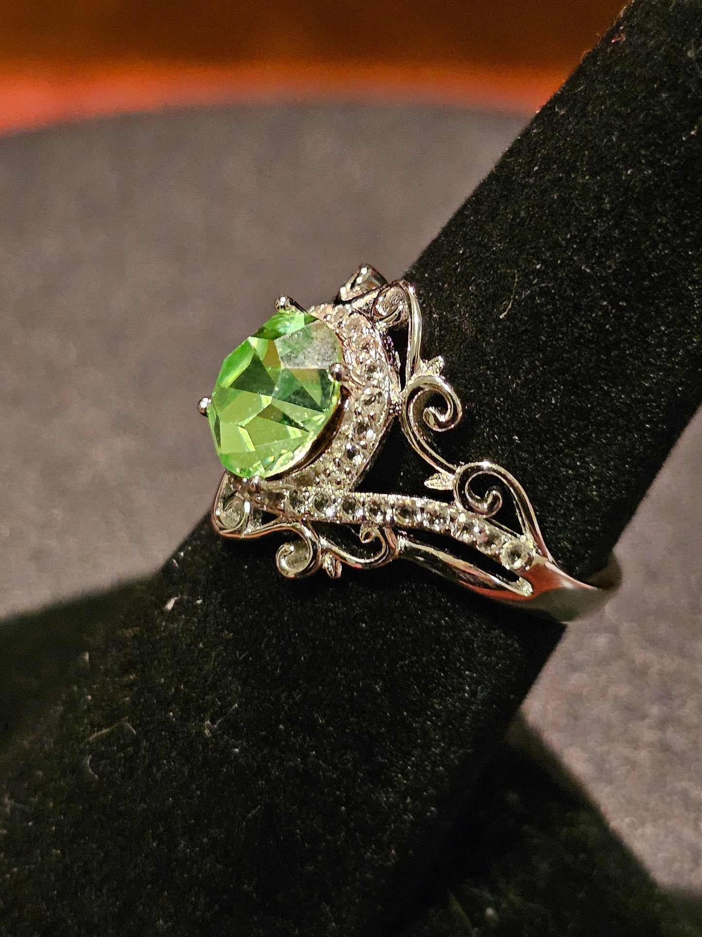 Uranium Glass Round cut Ring in size 6.5, 7 & 7.5 new Sterling Silver with a vintage Uranium glass stone that glows under black / UV light