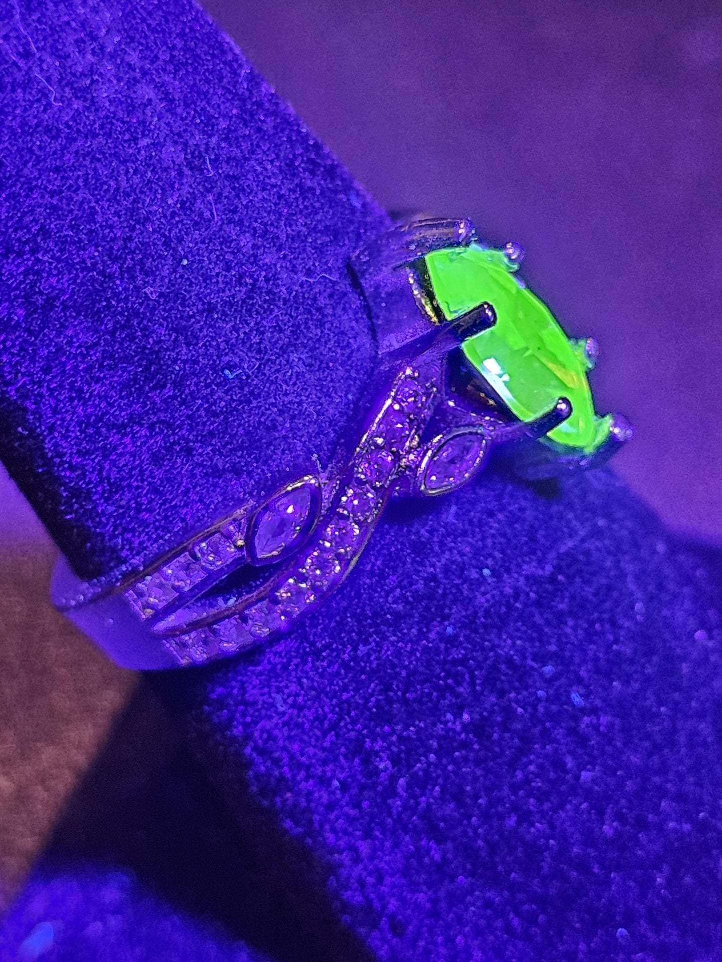 Uranium Glass Marquise cut Ring Size 7, 7.5, and 8 in new Sterling Silver with vintage Uranium glass stone that glows under black / UV light