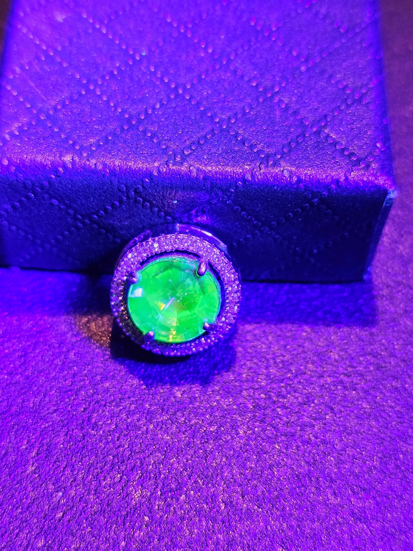 Uranium Glass Pendant in new Sterling Silver with a vintage 9 mm round cut Uranium Glass stone that glows under black / UV light