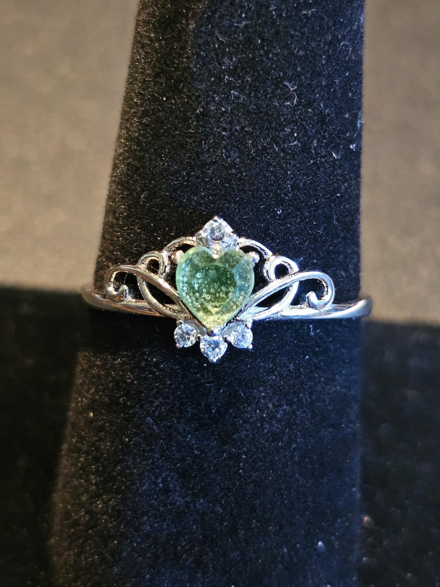 Uranium Glass Heart cut Ring size 6 to 10 new Sterling Silver with a vintage 5 mm Uranium glass stone that glows under black UV light
