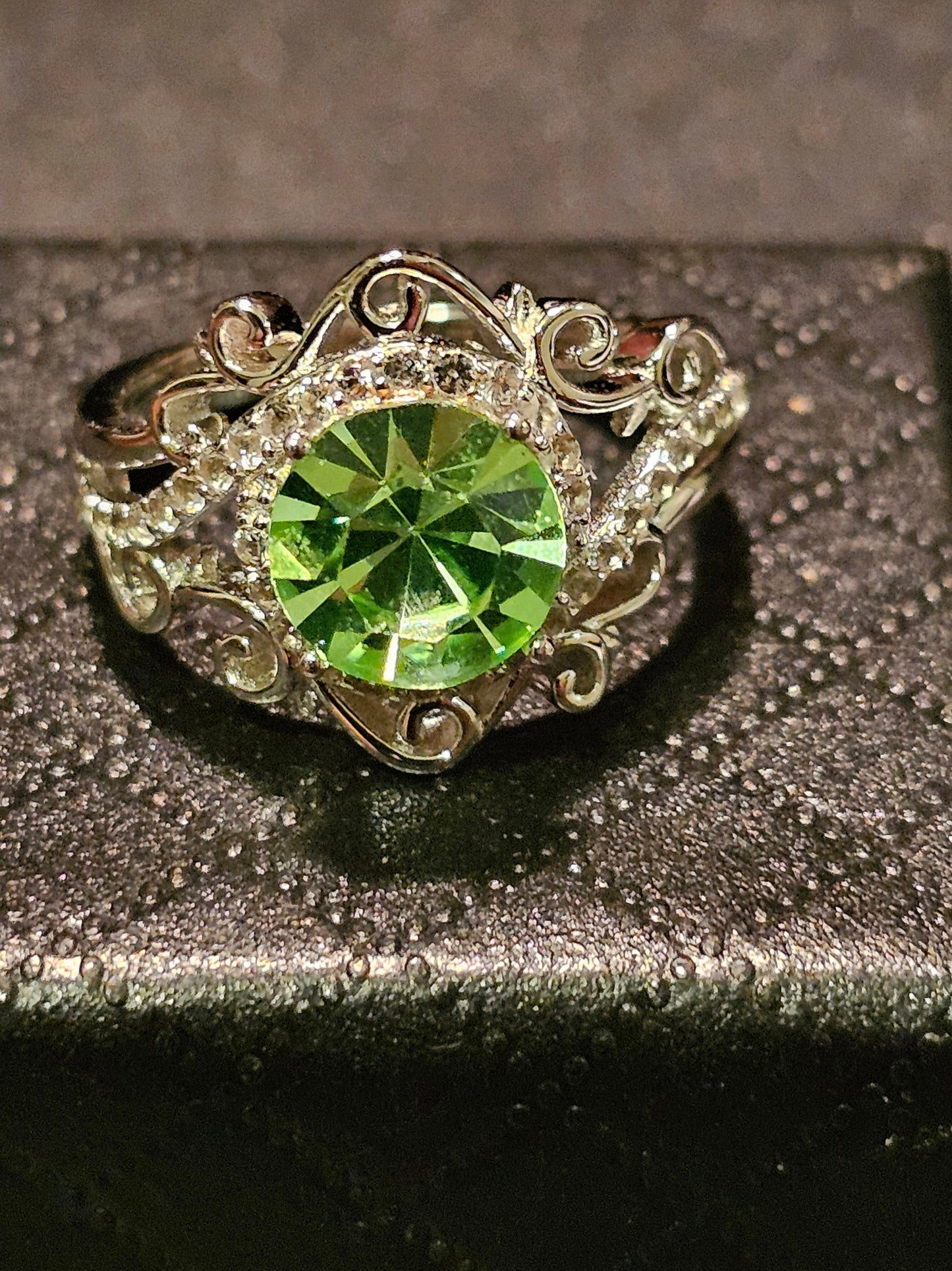 Uranium Glass Round cut Ring in size 6.5, 7 & 7.5 new Sterling Silver with a vintage Uranium glass stone that glows under black / UV light