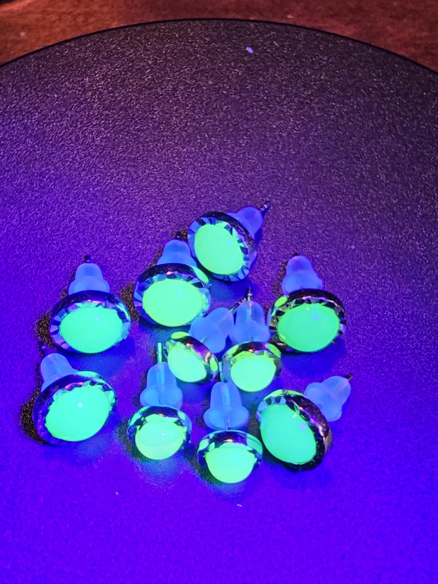 Uranium Glass Earrings in Sterling Silver or Gold-plated with Vintage 7 or 5mm Round cut Uranium Glass stones that glow under black/UV light