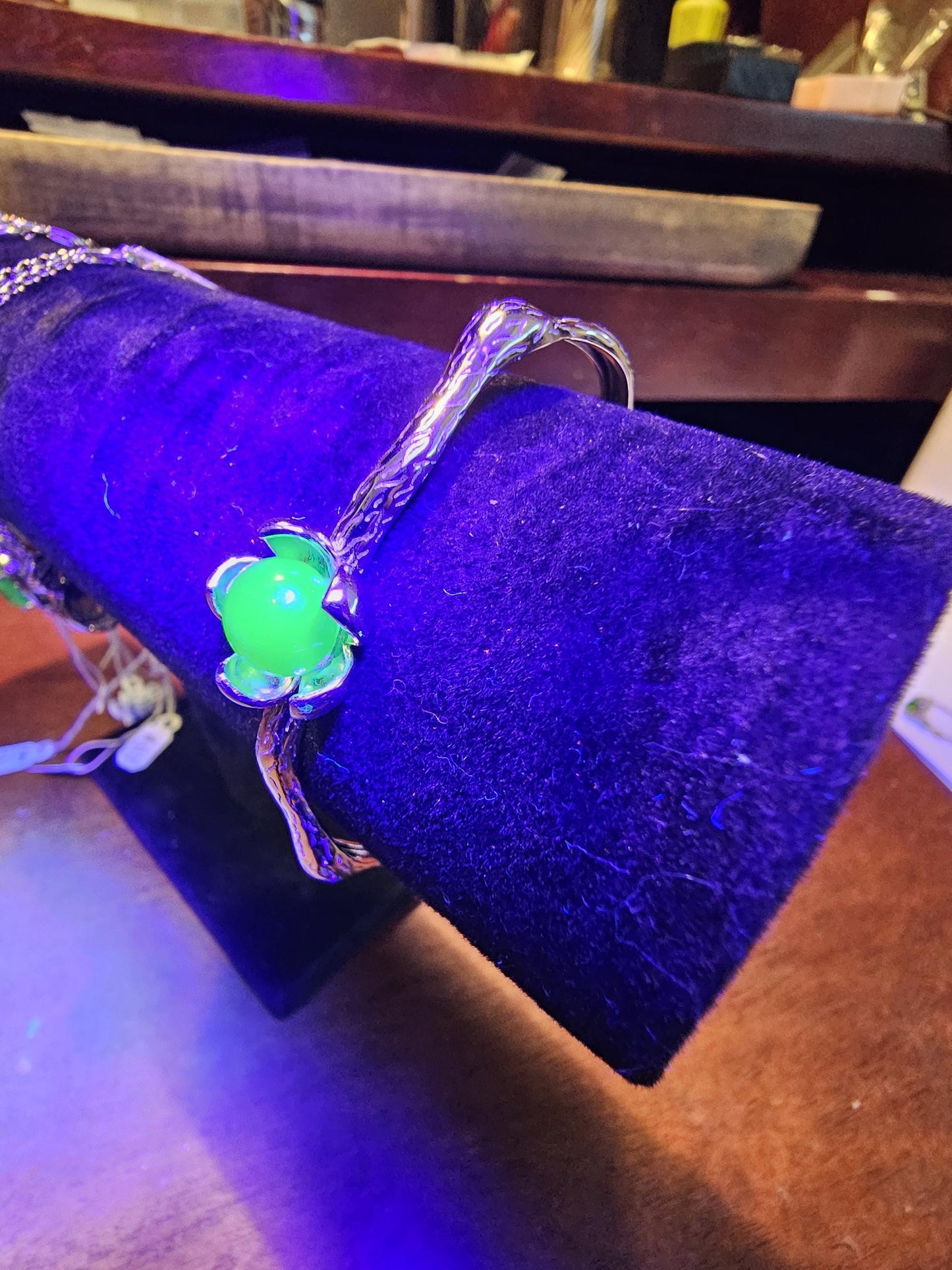 Uranium Glass Bracelet new Sterling Silver with a vintage dark Green Uranium glass Round cut stone that glows under black / UV light