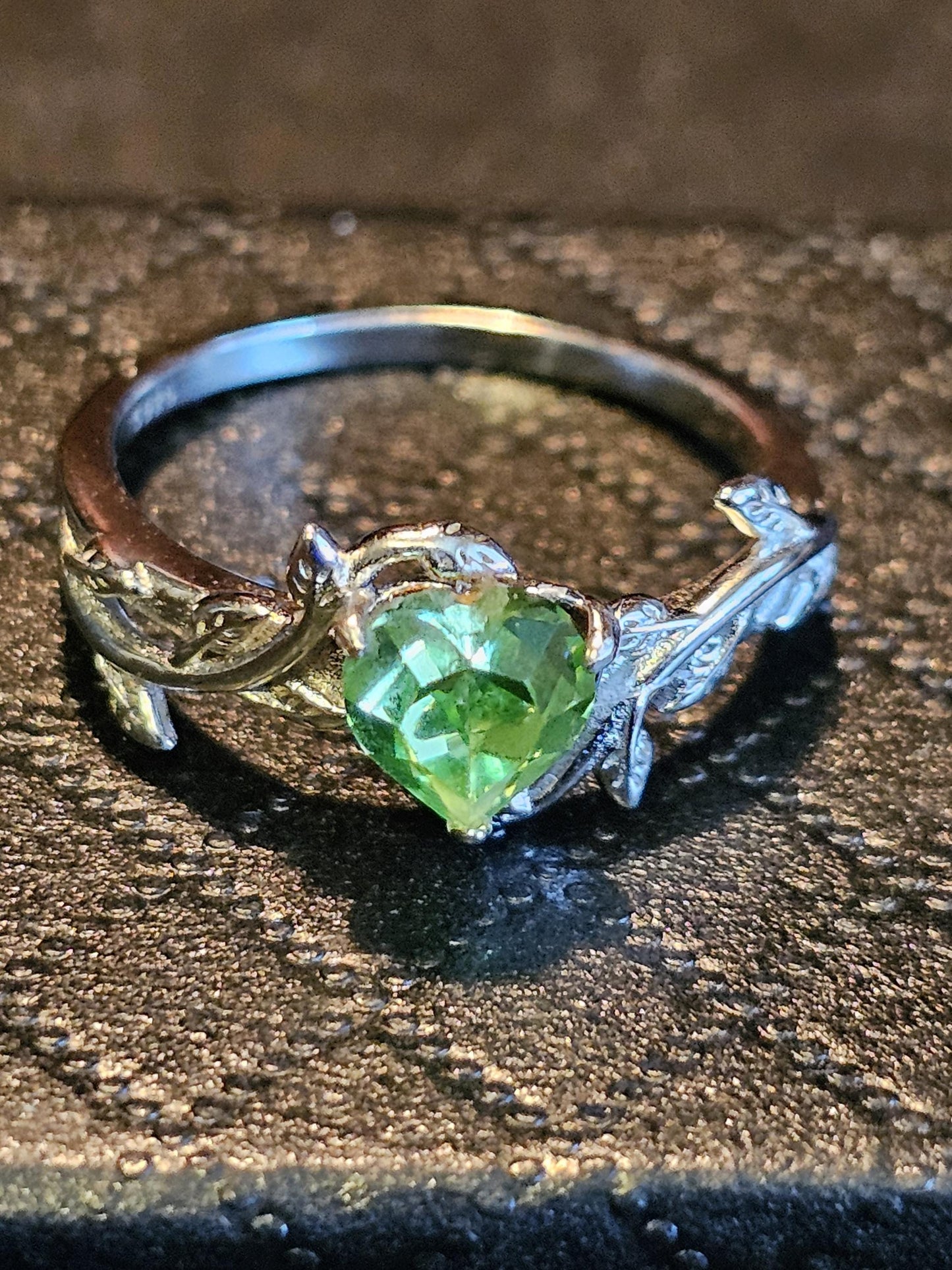 Uranium Glass Heart cut Ring size 6 to 10 in new Sterling Silver with a vintage rare Uranium glass stone that glows under black / UV light