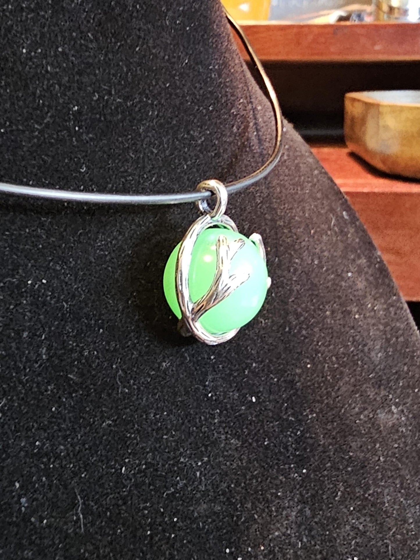 Uranium Glass Pendants in new Sterling Silver with a vintage 14 or 16 mm round Uranium Glass beads that glow under black / UV light