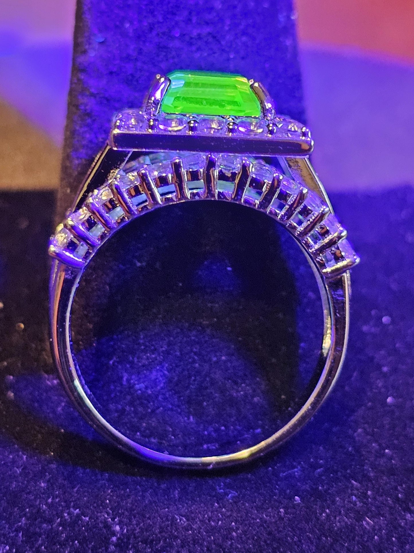 Uranium Glass Asscher cut Ring size 8.5 new Sterling Silver large vintage Uranium glass Square stone that glows under black / UV light