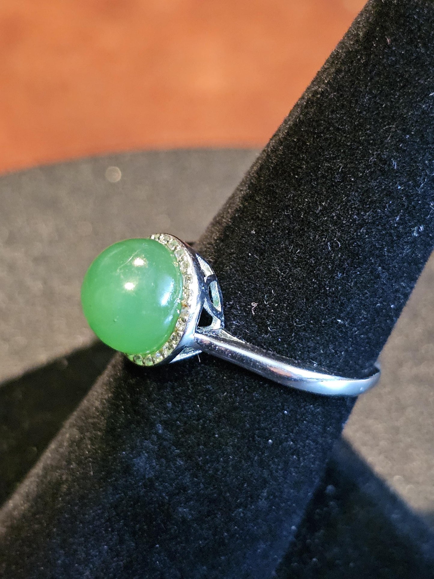 Uranium Glass Adjustable Ring new Sterling Silver with a vintage rare dark Green Round top Uranium glass stone that glows under black light