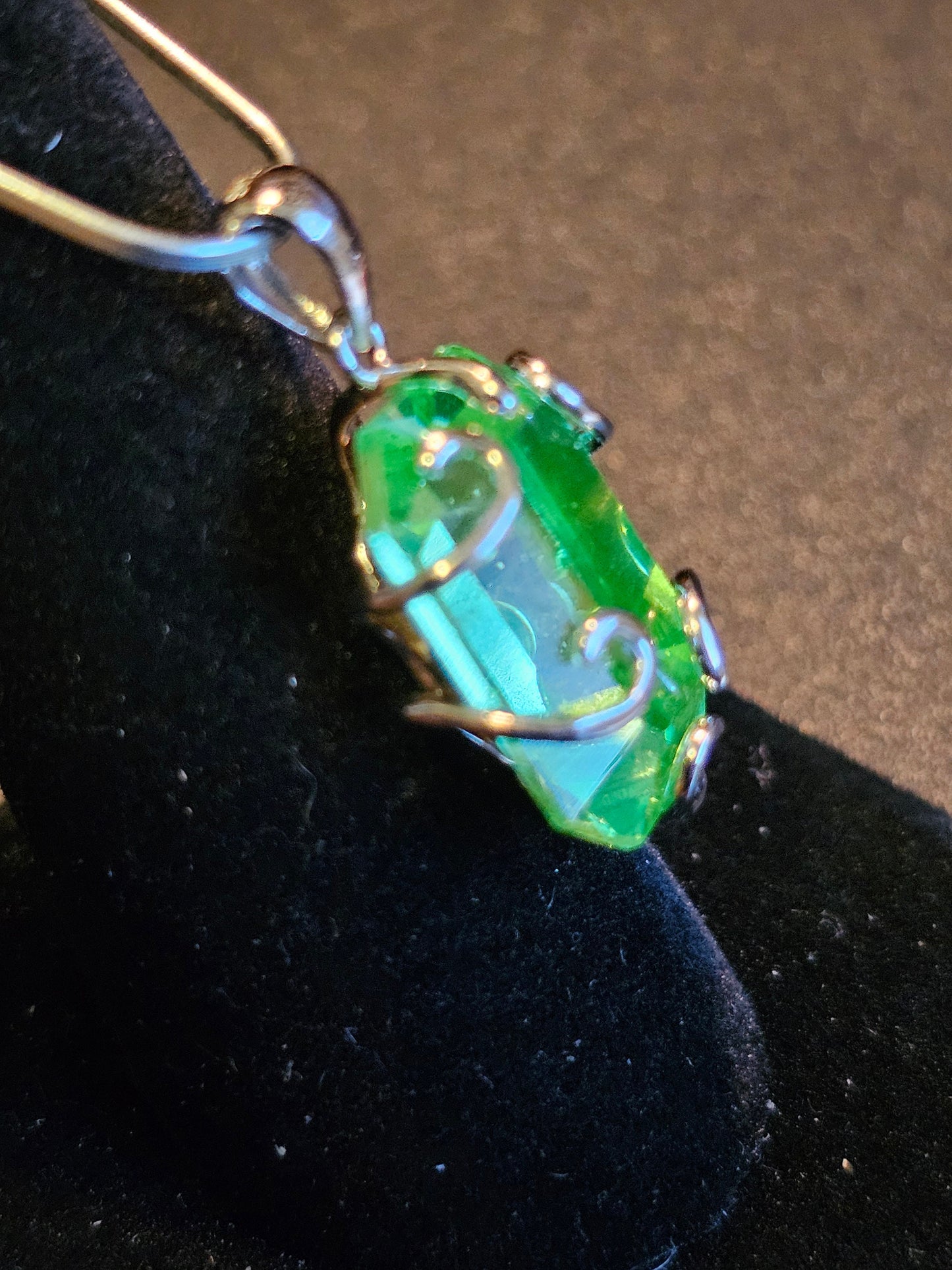 Uranium Glass Pendant in new Sterling Silver with a vintage Emerald cut 18x13 mm Uranium Glass stone glows under black / UV light