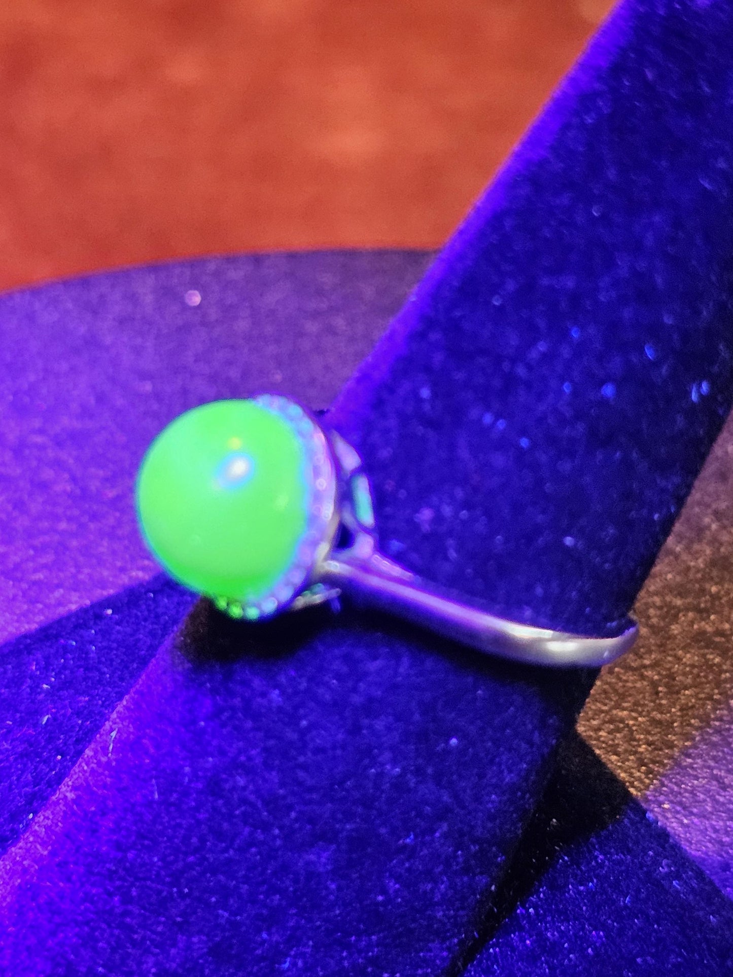 Uranium Glass Adjustable Ring new Sterling Silver with a vintage rare dark Green Round top Uranium glass stone that glows under black light