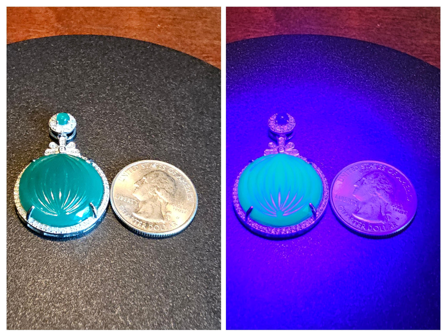Pendentif en verre d'uranium, nouveau cadre en argent sterling avec un énorme rond en verre d'uranium Art déco vintage de 22 mm qui brille sous la lumière noire / UV