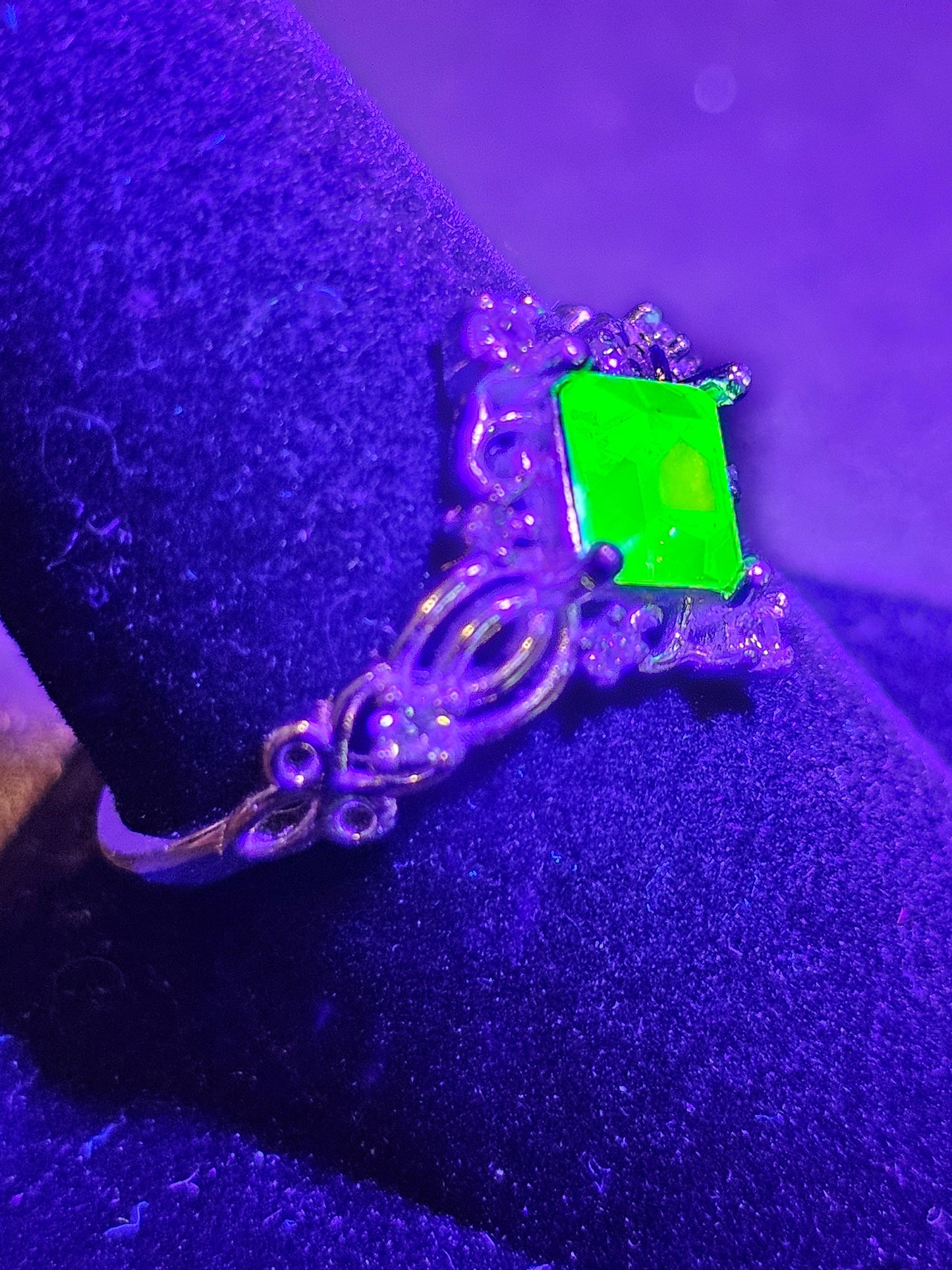 Uranium Glass Princess cut Ring size 6 to 10 new Sterling Silver with a vintage 6 mm Uranium glass stone that glows under black / UV light