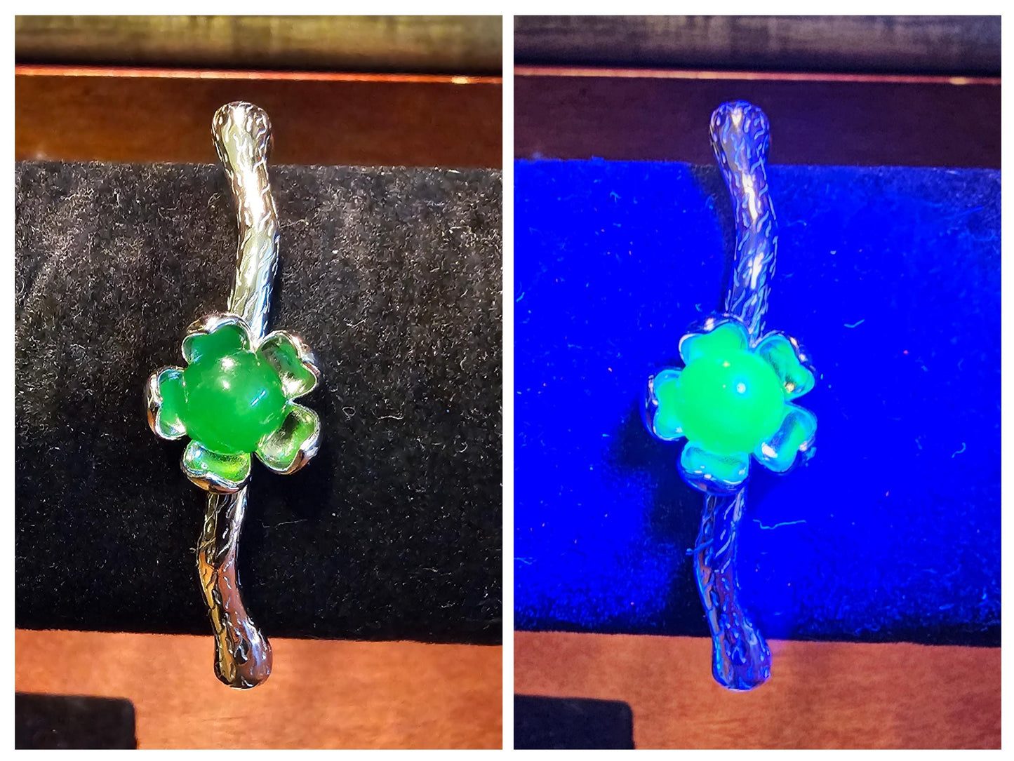 Uranium Glass Bracelet new Sterling Silver with a vintage dark Green Uranium glass Round cut stone that glows under black / UV light
