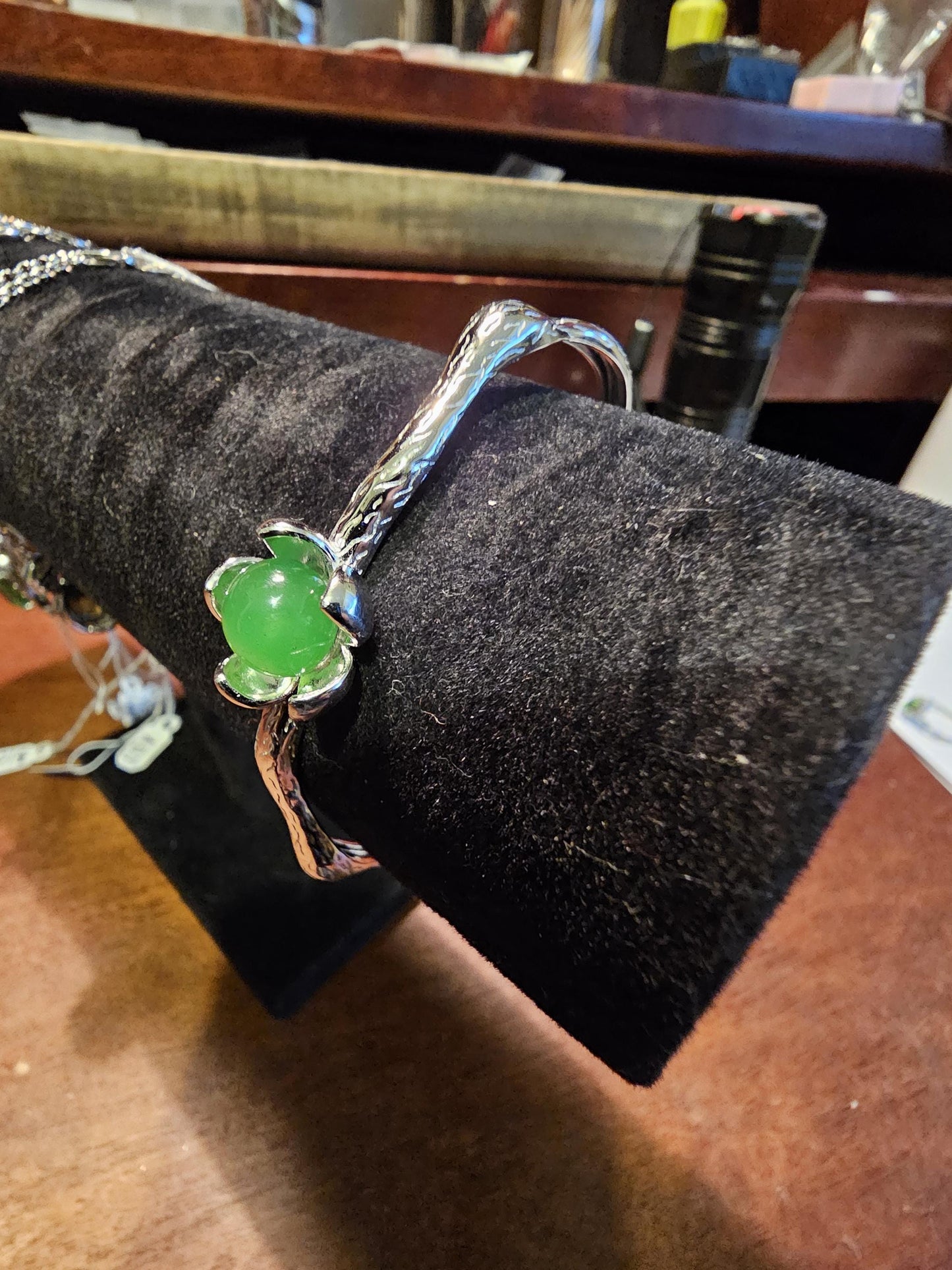 Uranium Glass Bracelet new Sterling Silver with a vintage dark Green Uranium glass Round cut stone that glows under black / UV light