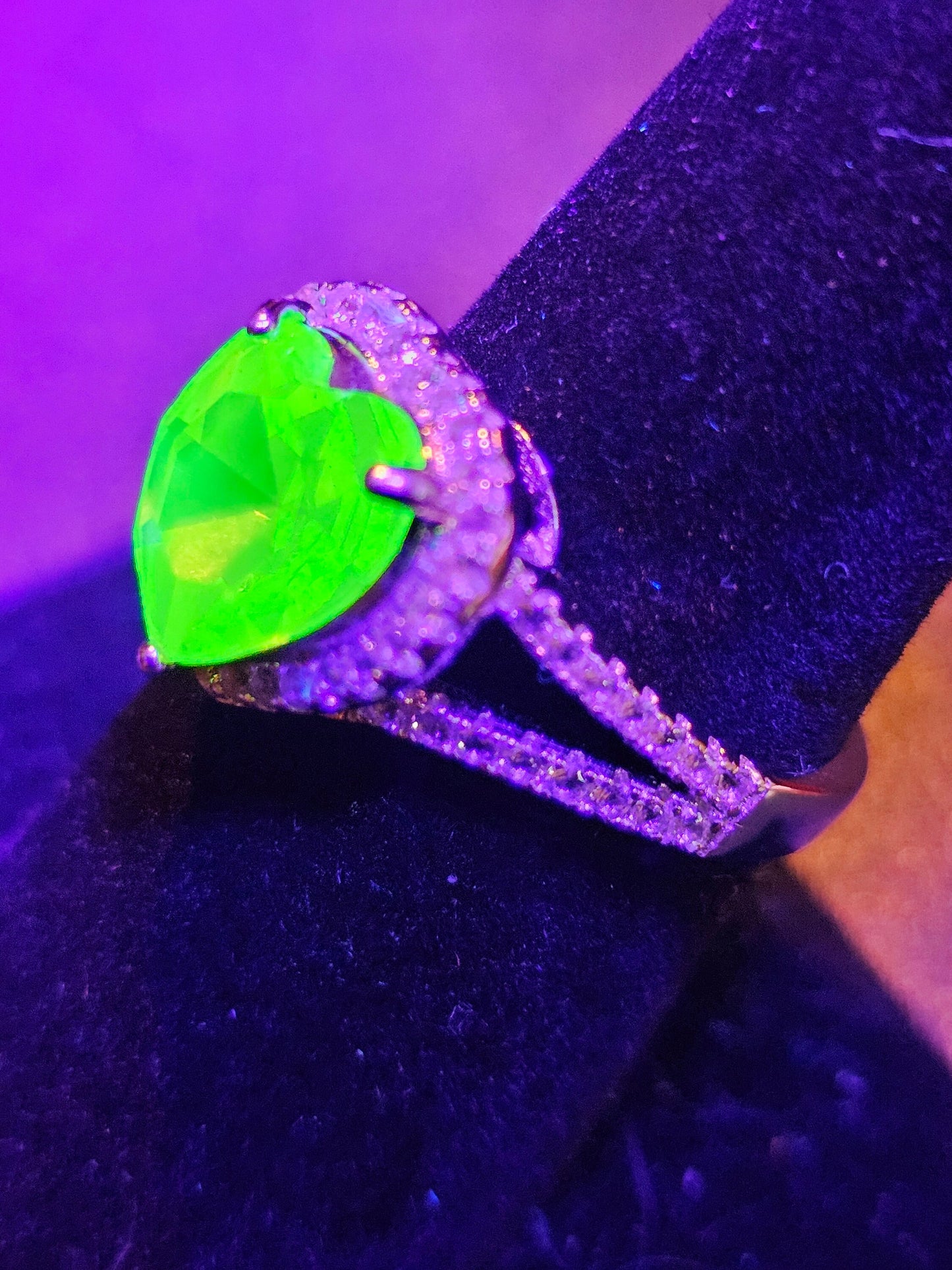 Uranium Glass Heart cut Ring size 6 through 8 new Sterling Silver with a vintage 10mm Uranium glass stone that glows under black / UV light