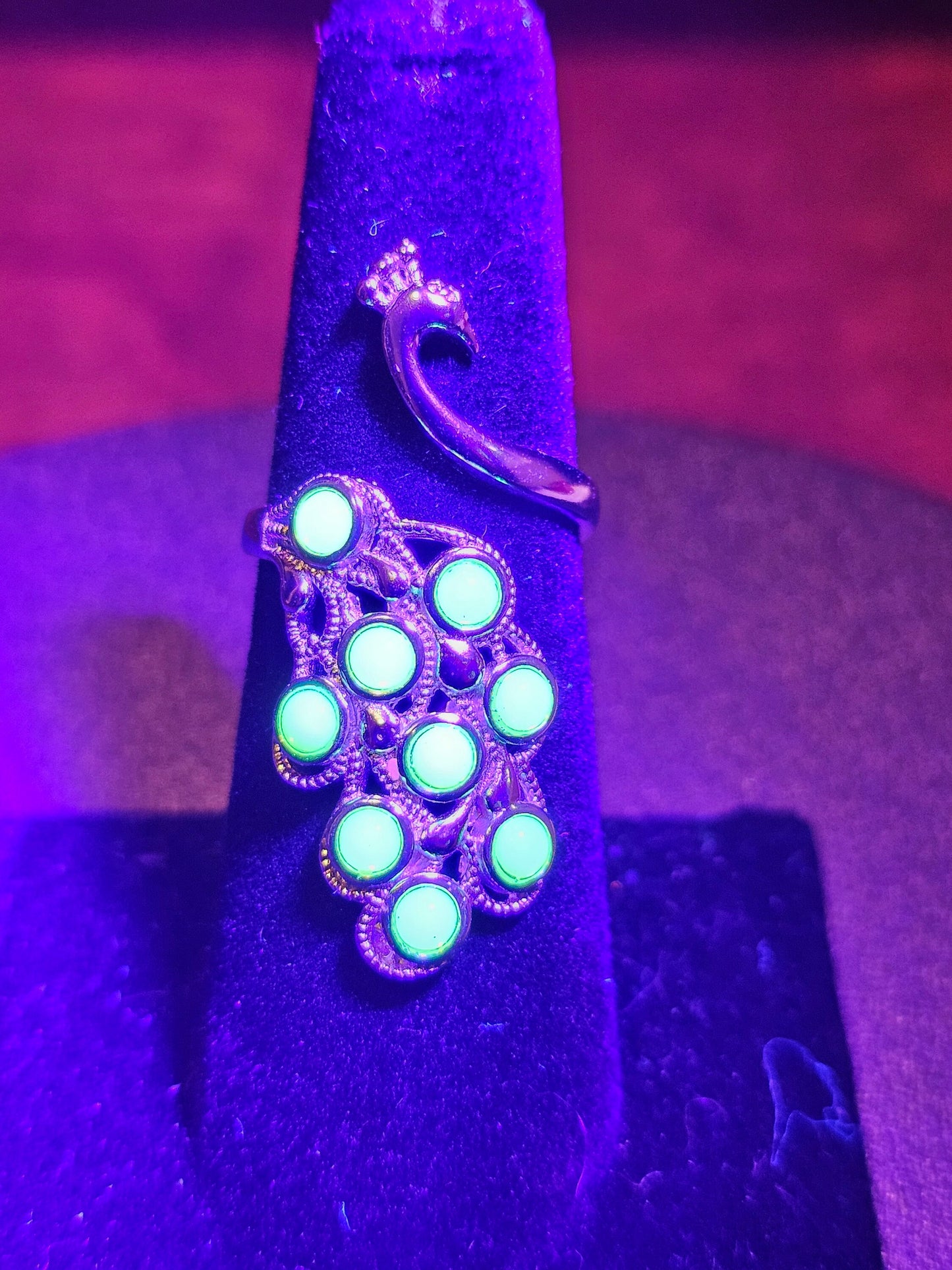 Uranium Glass Peacock Ring adjustable new Sterling Silver vintage Uranium glass round cut stones that glow under black / UV light