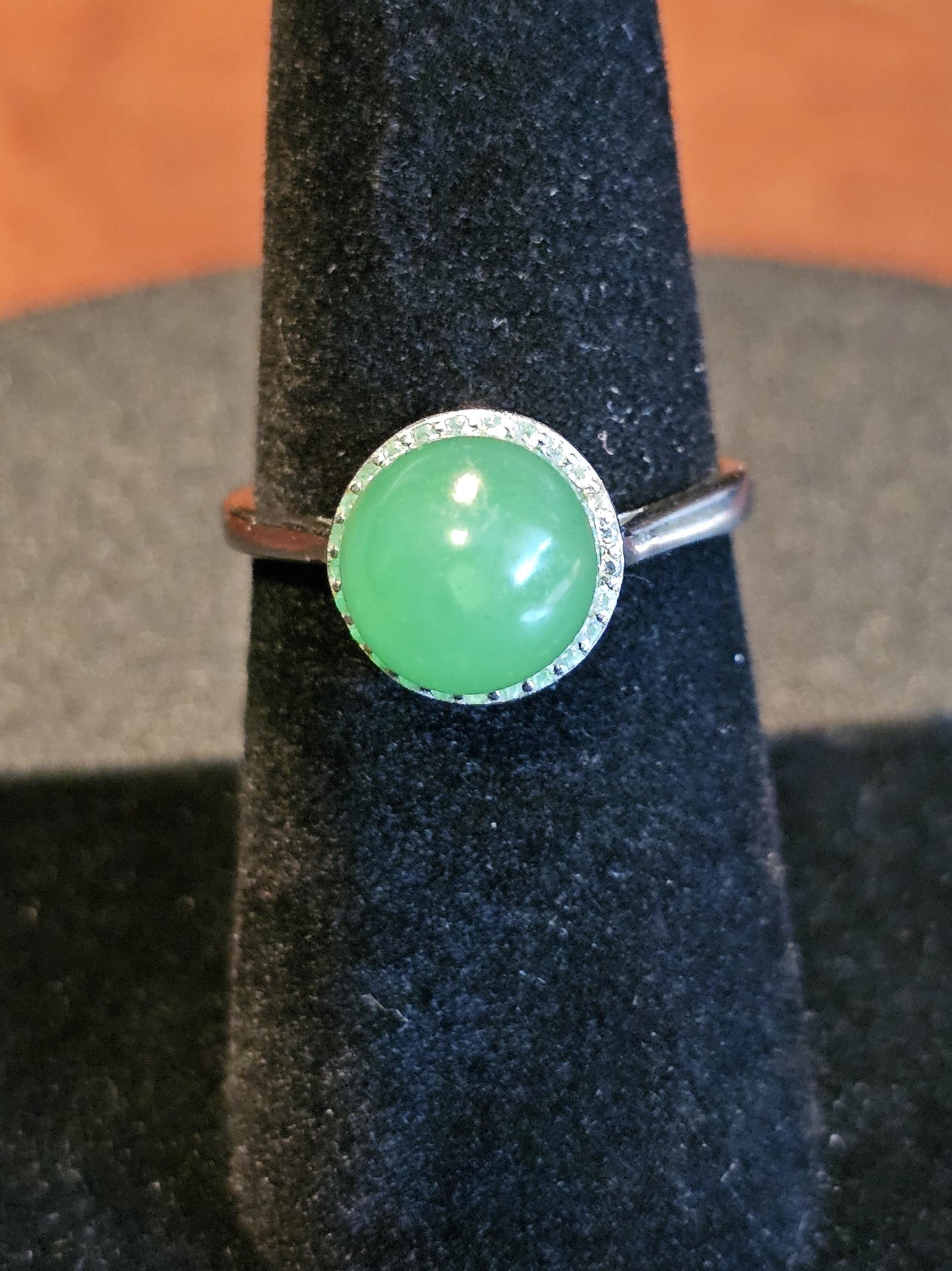 Uranium Glass Adjustable Ring new Sterling Silver with a vintage rare dark Green Round top Uranium glass stone that glows under black light