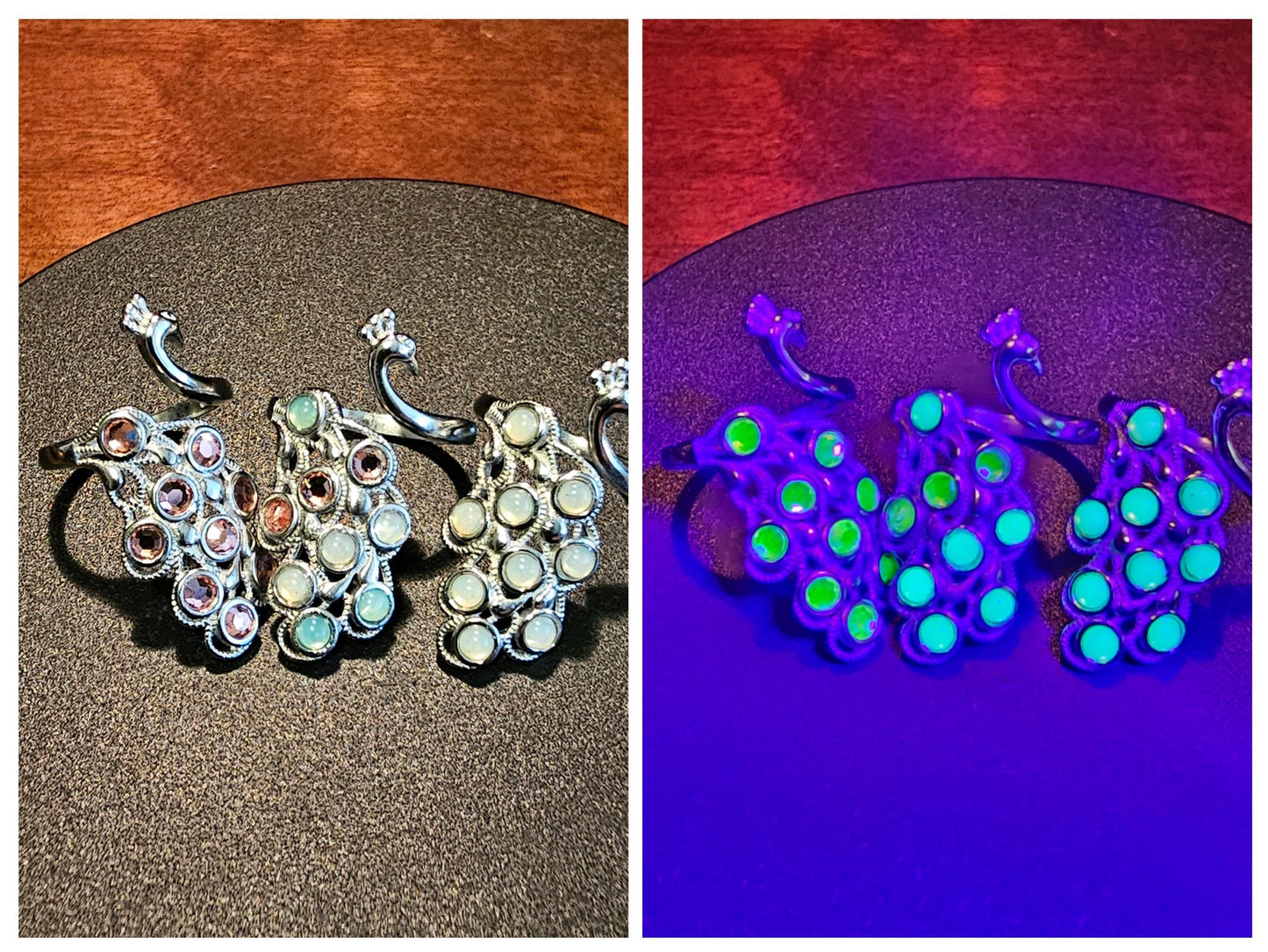 Uranium Glass Peacock Ring adjustable new Sterling Silver vintage Uranium glass round cut stones that glow under black / UV light