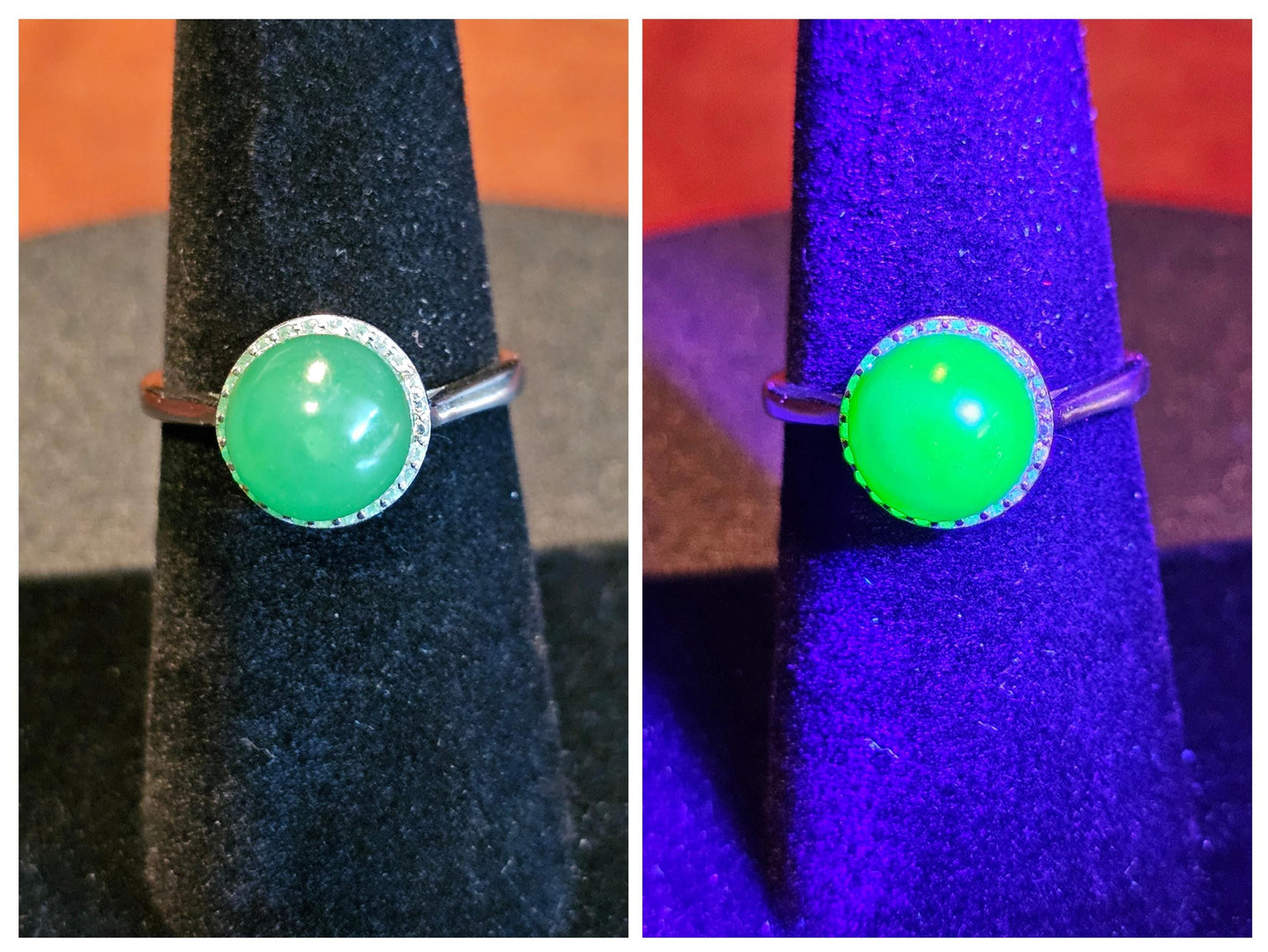 Uranium Glass Adjustable Ring new Sterling Silver with a vintage rare dark Green Round top Uranium glass stone that glows under black light