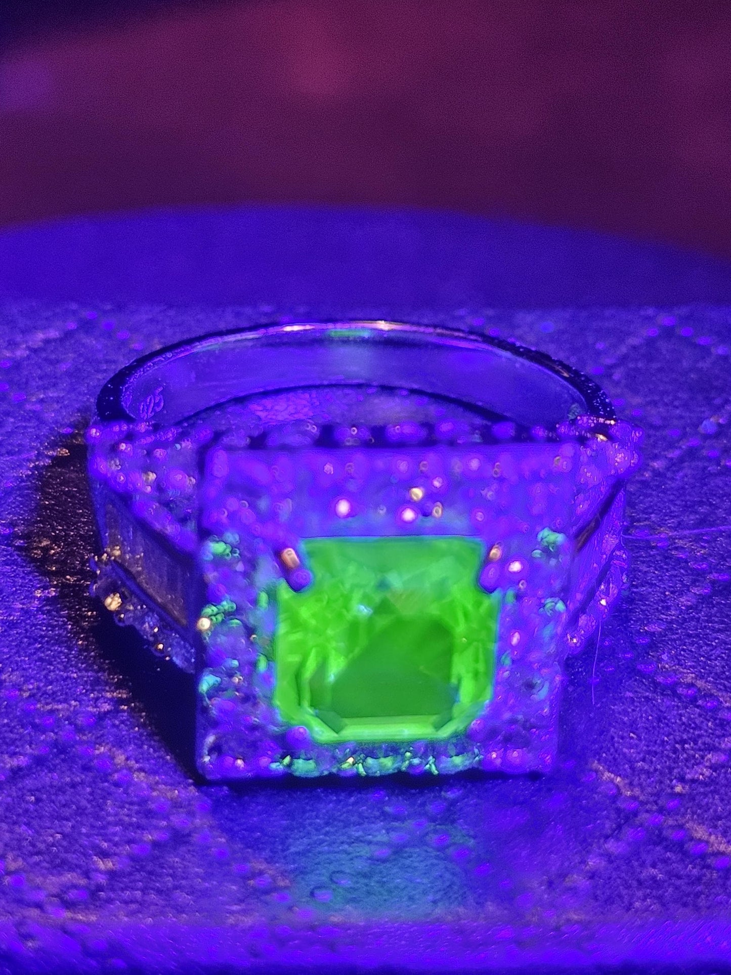 Uranium Glass Asscher cut Ring size 8.5 new Sterling Silver large vintage Uranium glass Square stone that glows under black / UV light