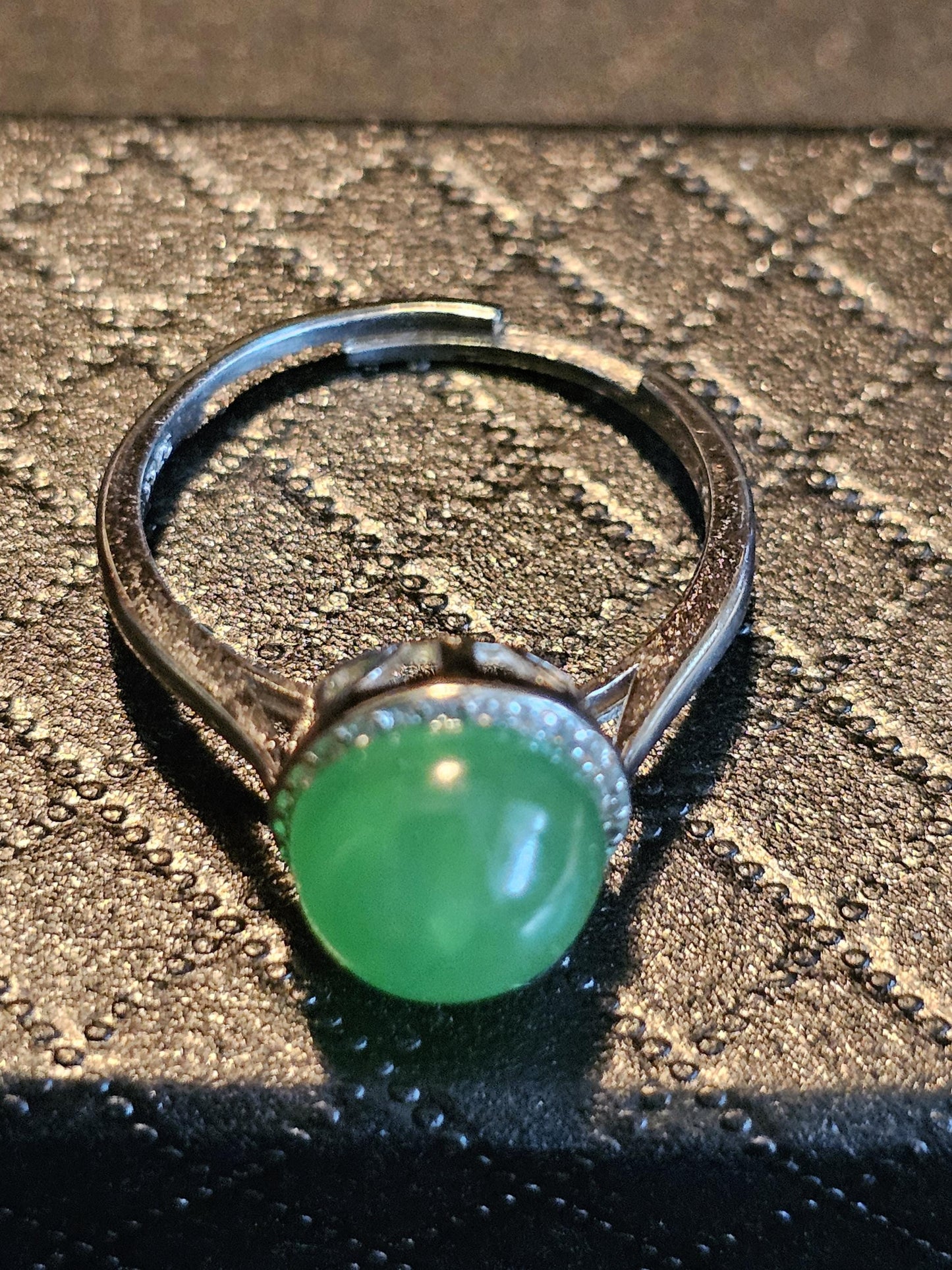 Uranium Glass Adjustable Ring new Sterling Silver with a vintage rare dark Green Round top Uranium glass stone that glows under black light