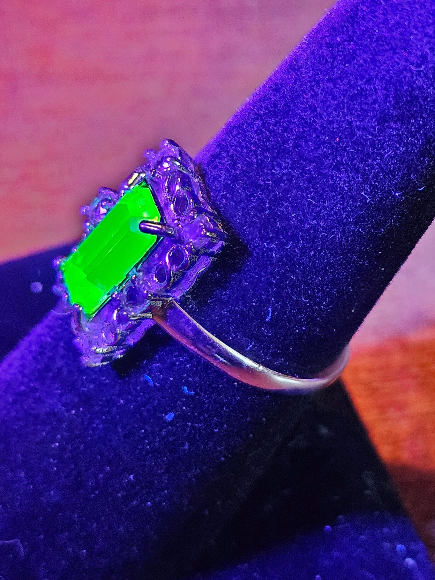 Uranium Glass Baguette cut Ring Art Deco various sizes new Sterling Silver with vintage Uranium glass stones that glows under black / UV light