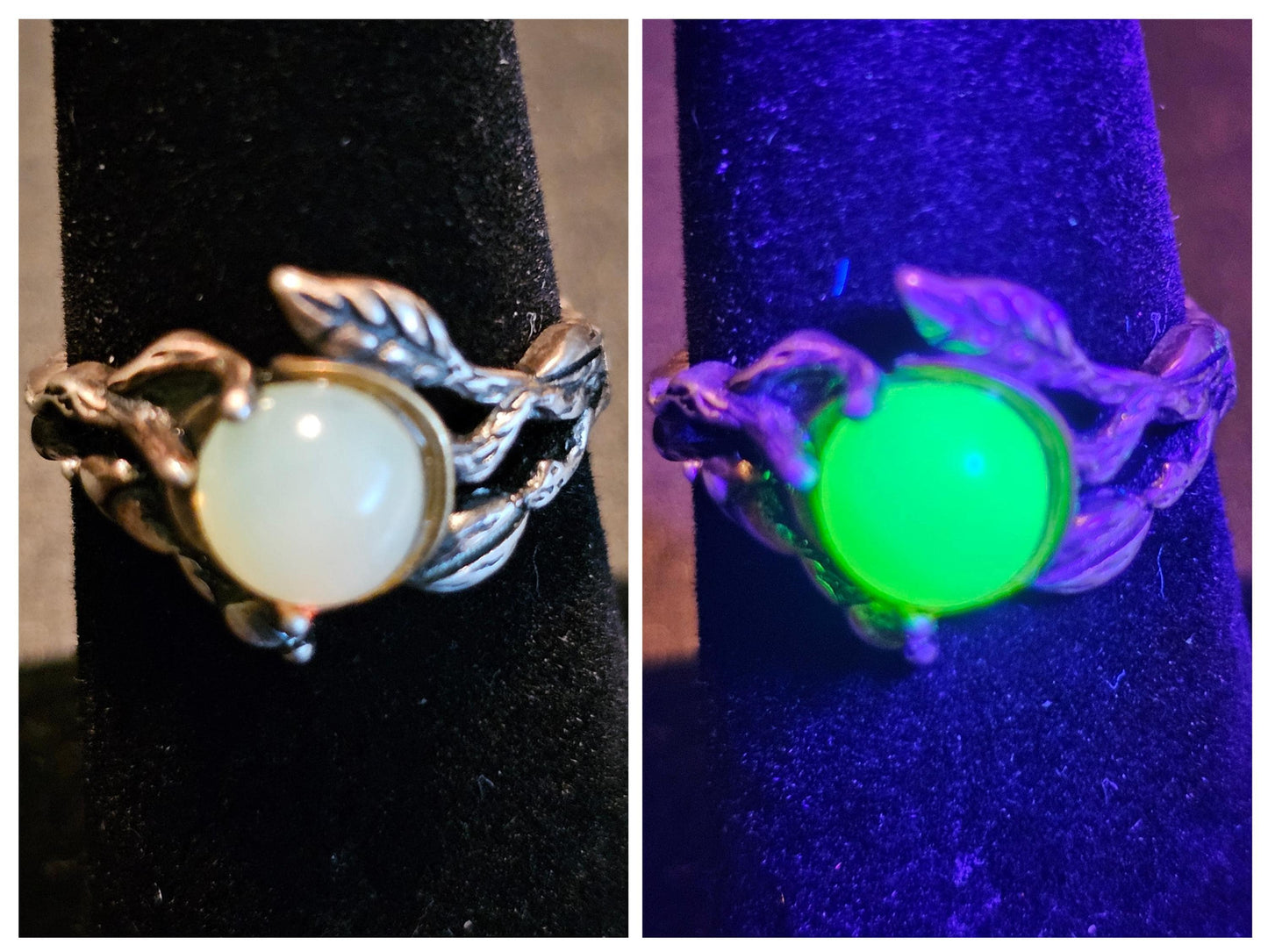 Bague réglable en verre d'uranium en argent sterling avec motif de feuilles et de branches et pierre ronde en verre d'uranium vintage qui brille sous la lumière noire / UV