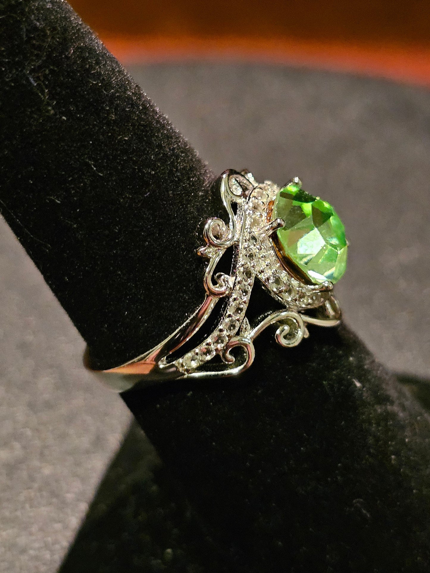 Uranium Glass Round cut Ring in size 6.5, 7 & 7.5 new Sterling Silver with a vintage Uranium glass stone that glows under black / UV light