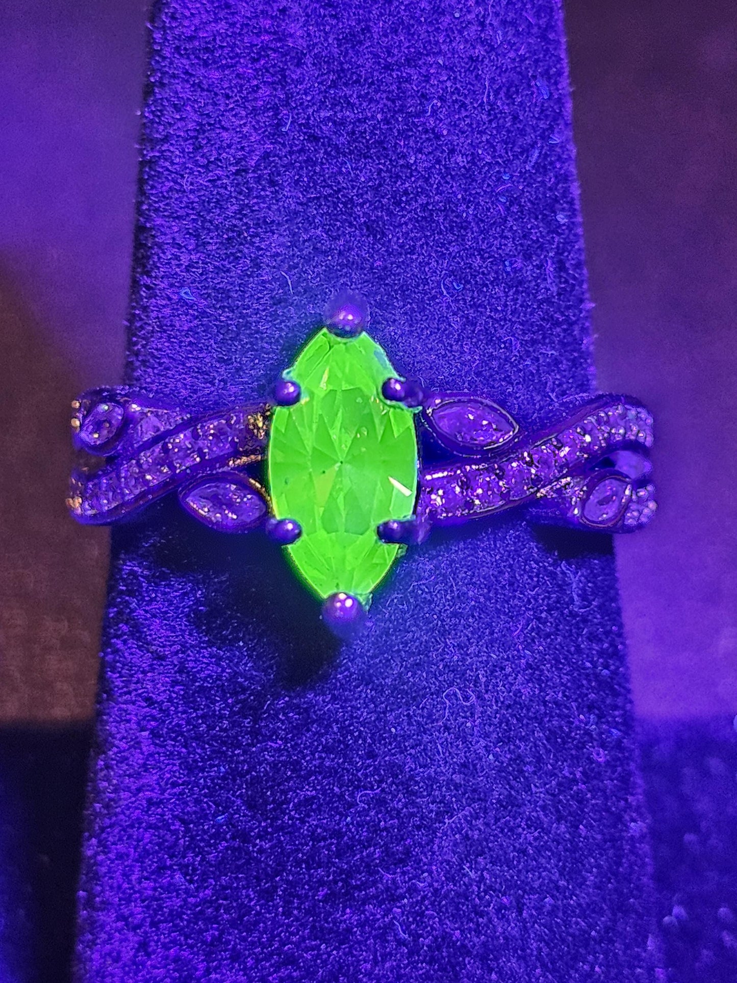 Uranium Glass Marquise cut Ring Size 7, 7.5, and 8 in new Sterling Silver with vintage Uranium glass stone that glows under black / UV light