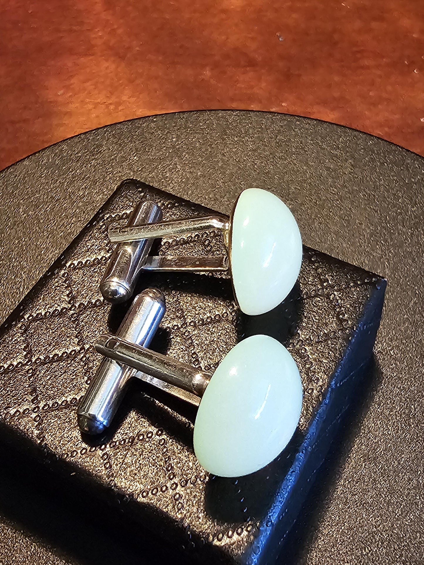 Uranium Glass Cufflinks 15mm / 11mm Round cut Round top vintage Uranium Glass stones in new Sterling Silver that glows under black / UV ligh