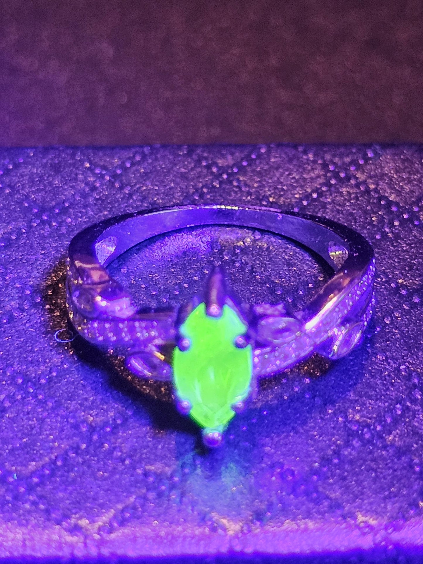 Uranium Glass Marquise cut Ring Size 7, 7.5, and 8 in new Sterling Silver with vintage Uranium glass stone that glows under black / UV light