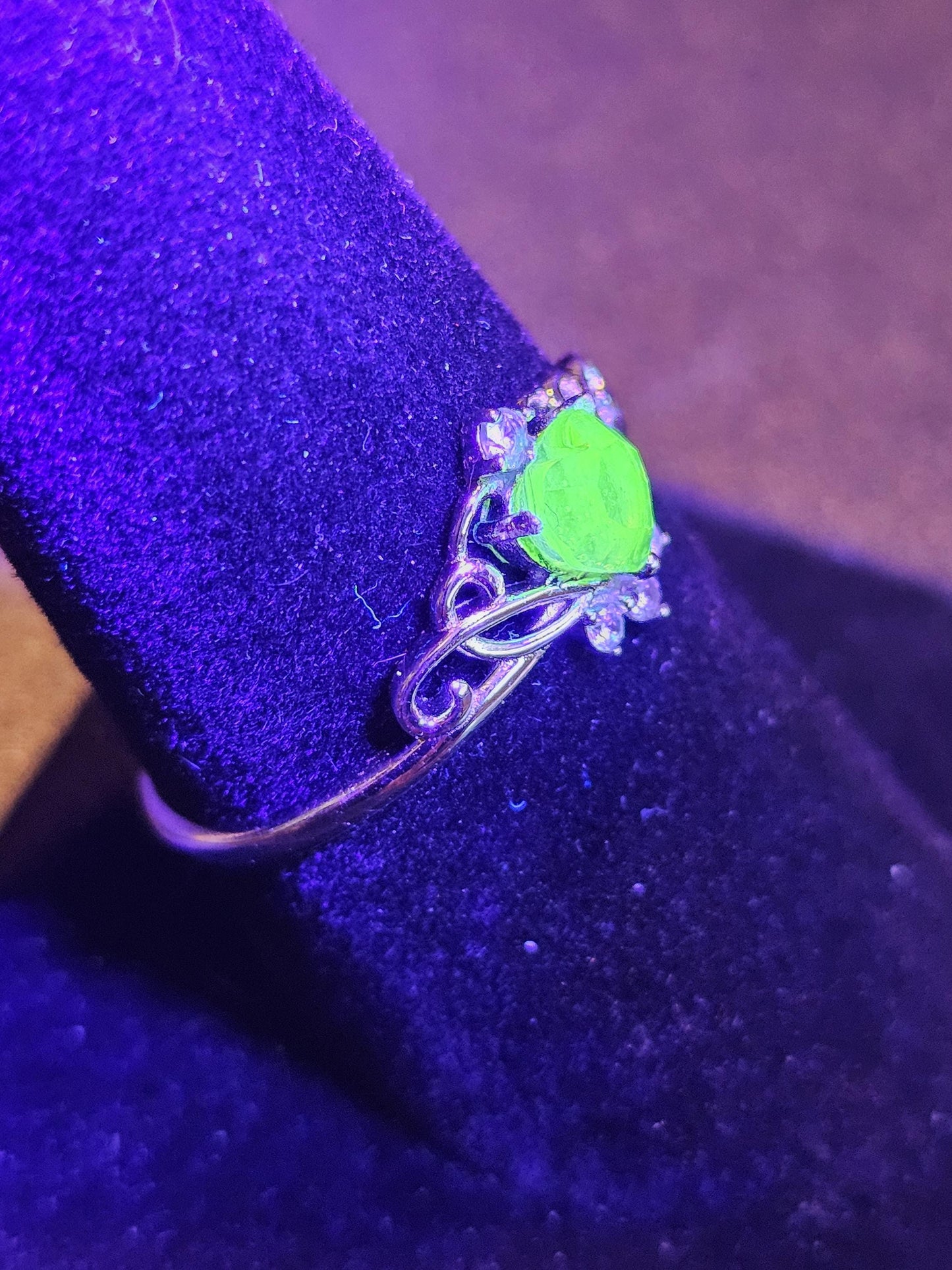 Uranium Glass Heart cut Ring size 6 to 10 new Sterling Silver with a vintage 5 mm Uranium glass stone that glows under black UV light